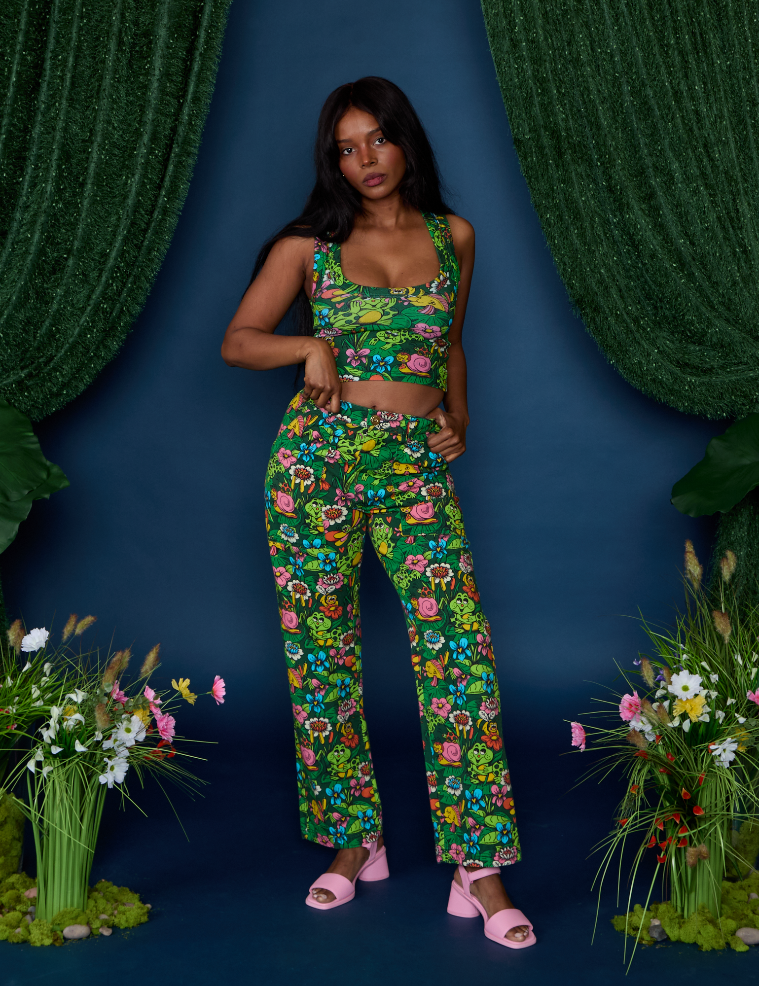 Kandia is wearing Work Pants in Pond Party paired with matching Cropped Tank