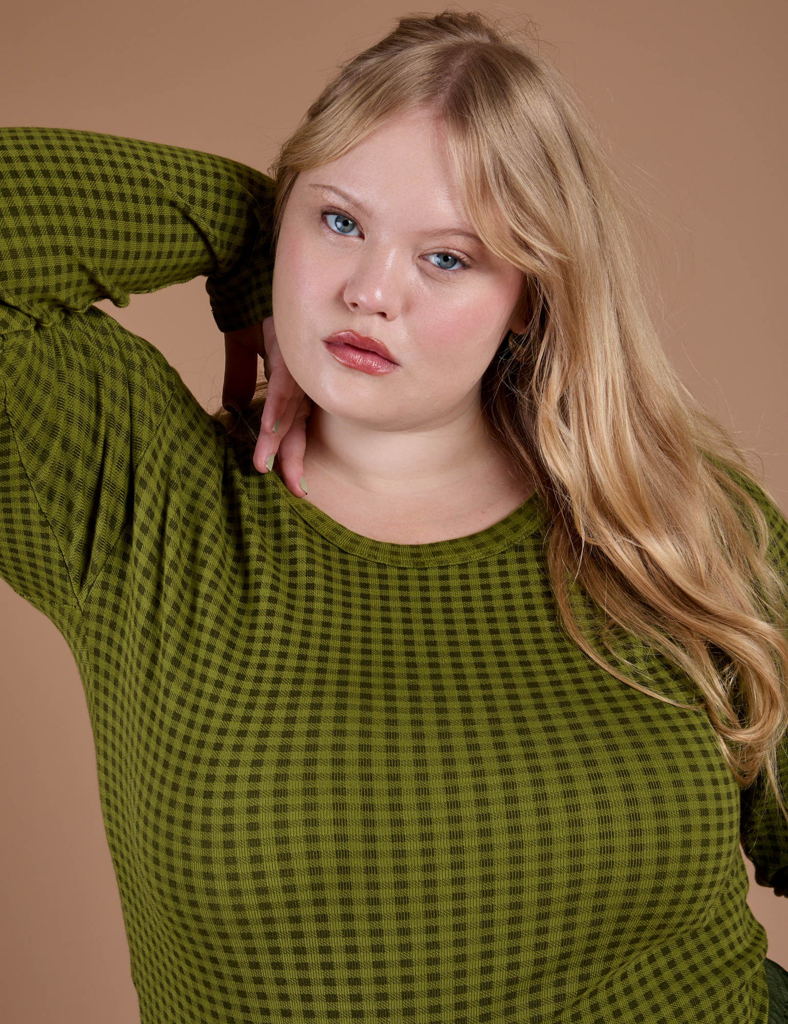 Gingham Long Sleeve Baby Tee in Summer Olive front close up on Juliet