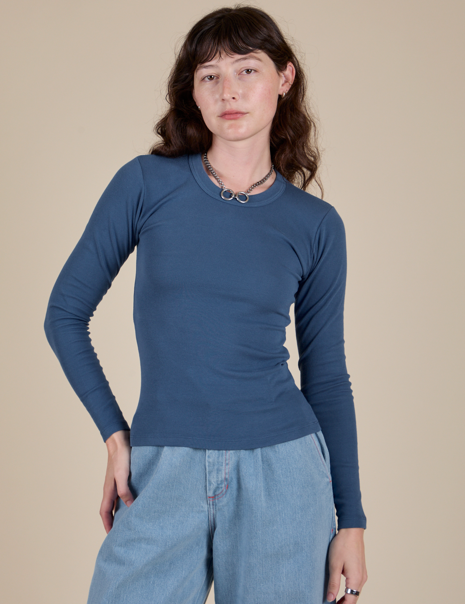 Long Sleeve Baby Tee in French Blue on Alex