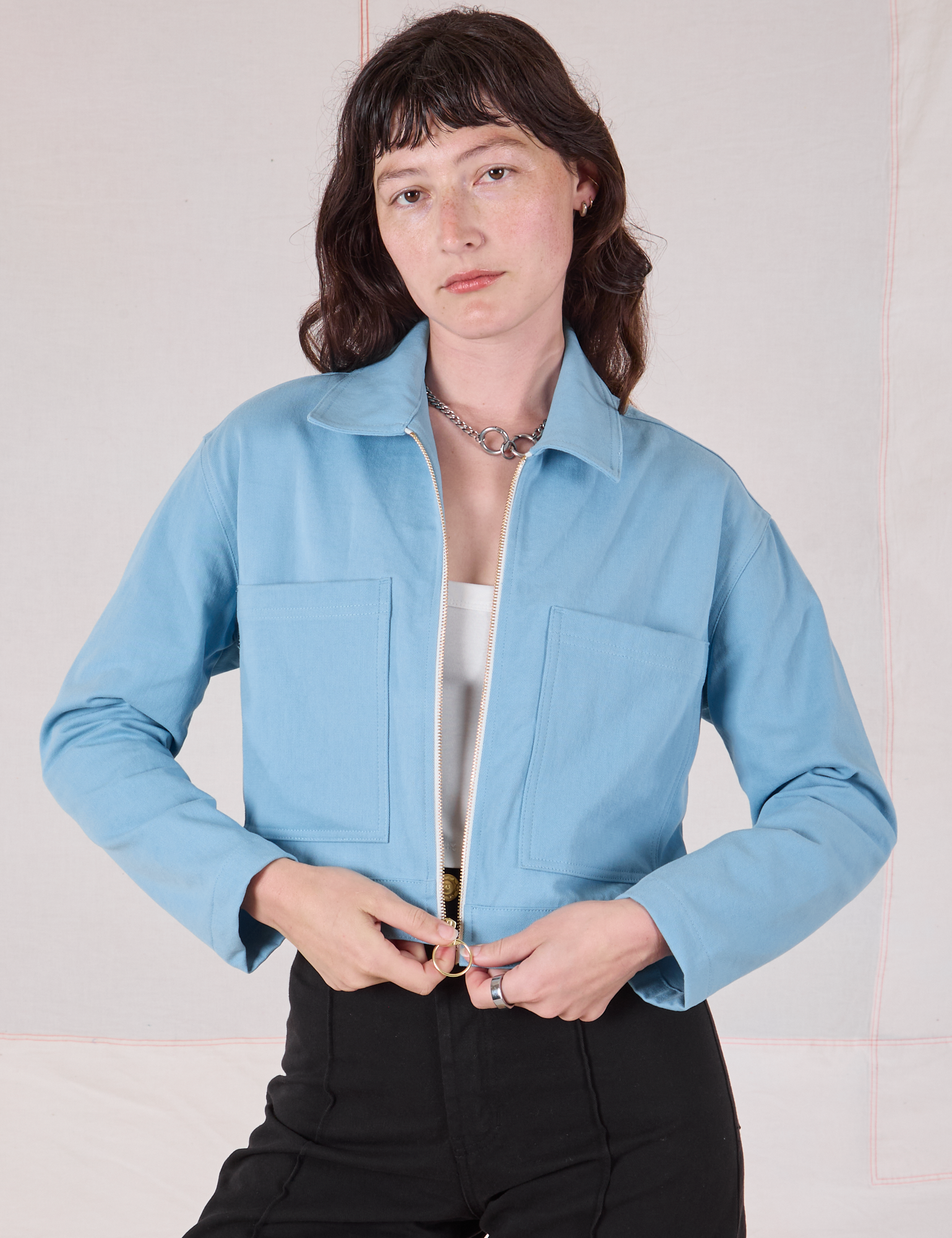 Mechanic Jacket in Baby Blue on Alex