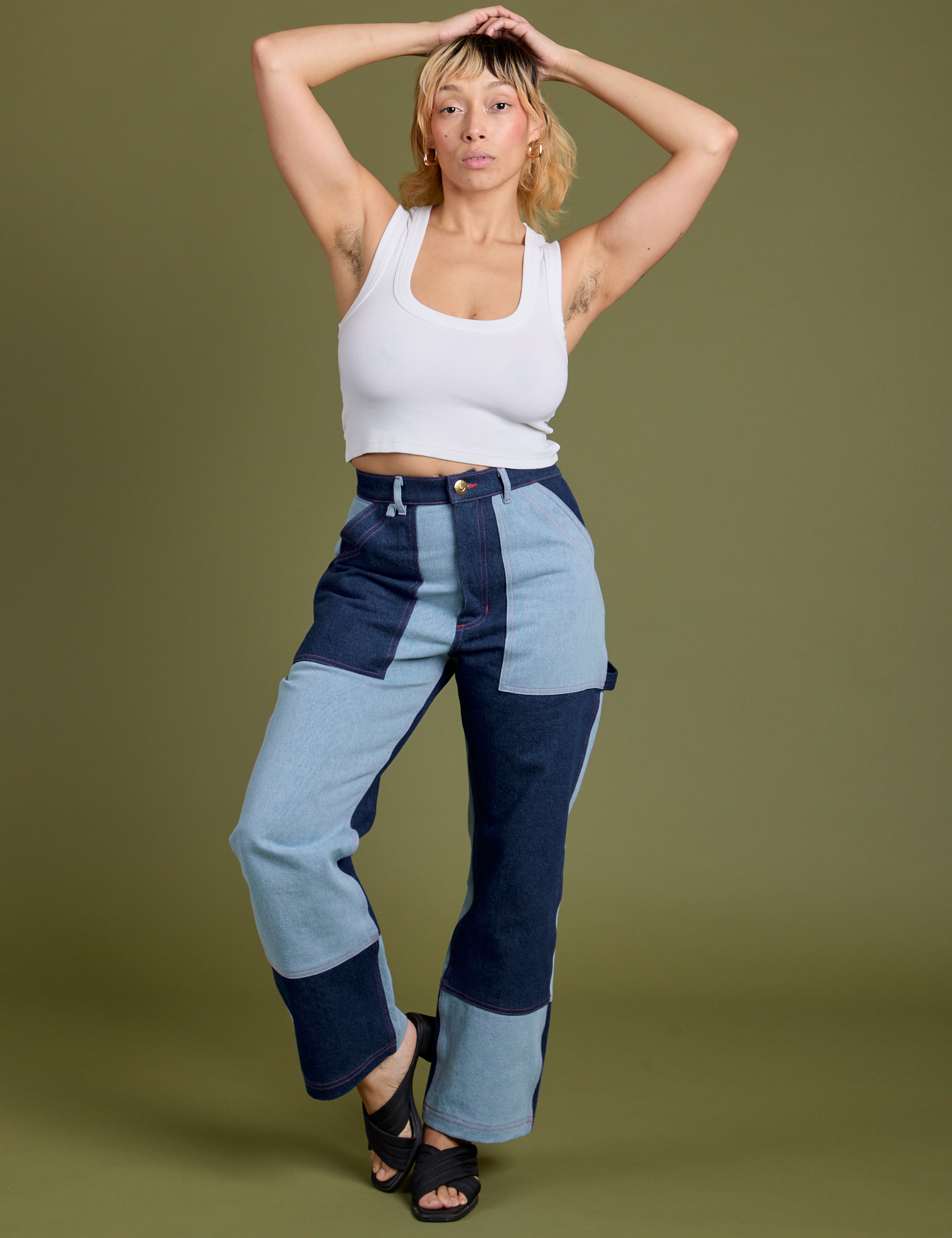 Mismatched Denim Carpenter Jeans and Cropped Tank in Vintage Tee White on Tiara