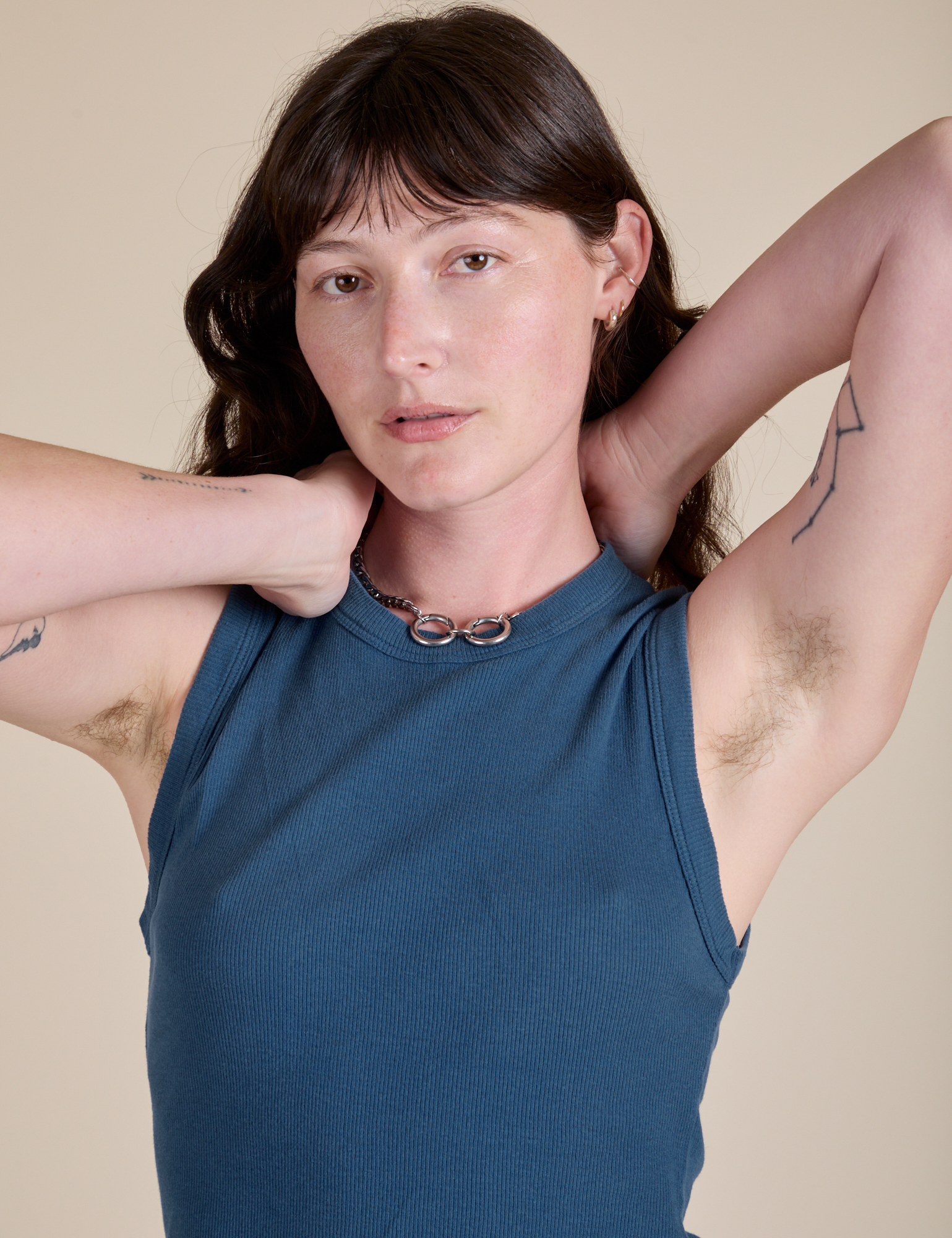 Muscle Tee in French Blue front close up on Alex