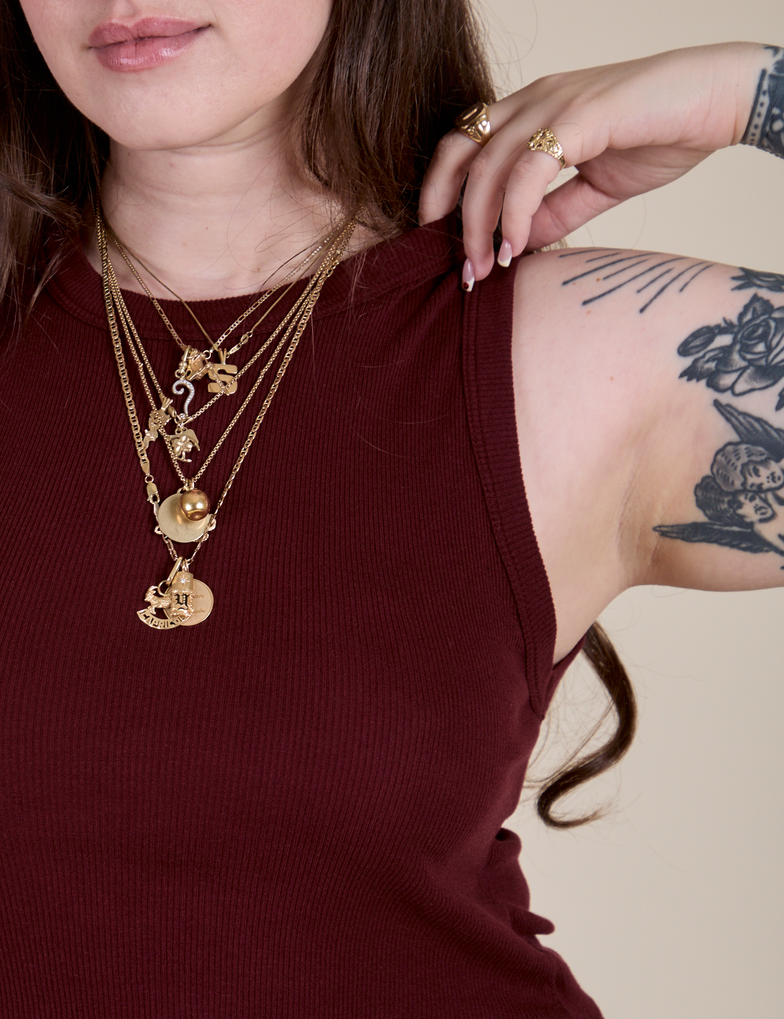 Muscle Tee in Red Wine front close up on Sydney