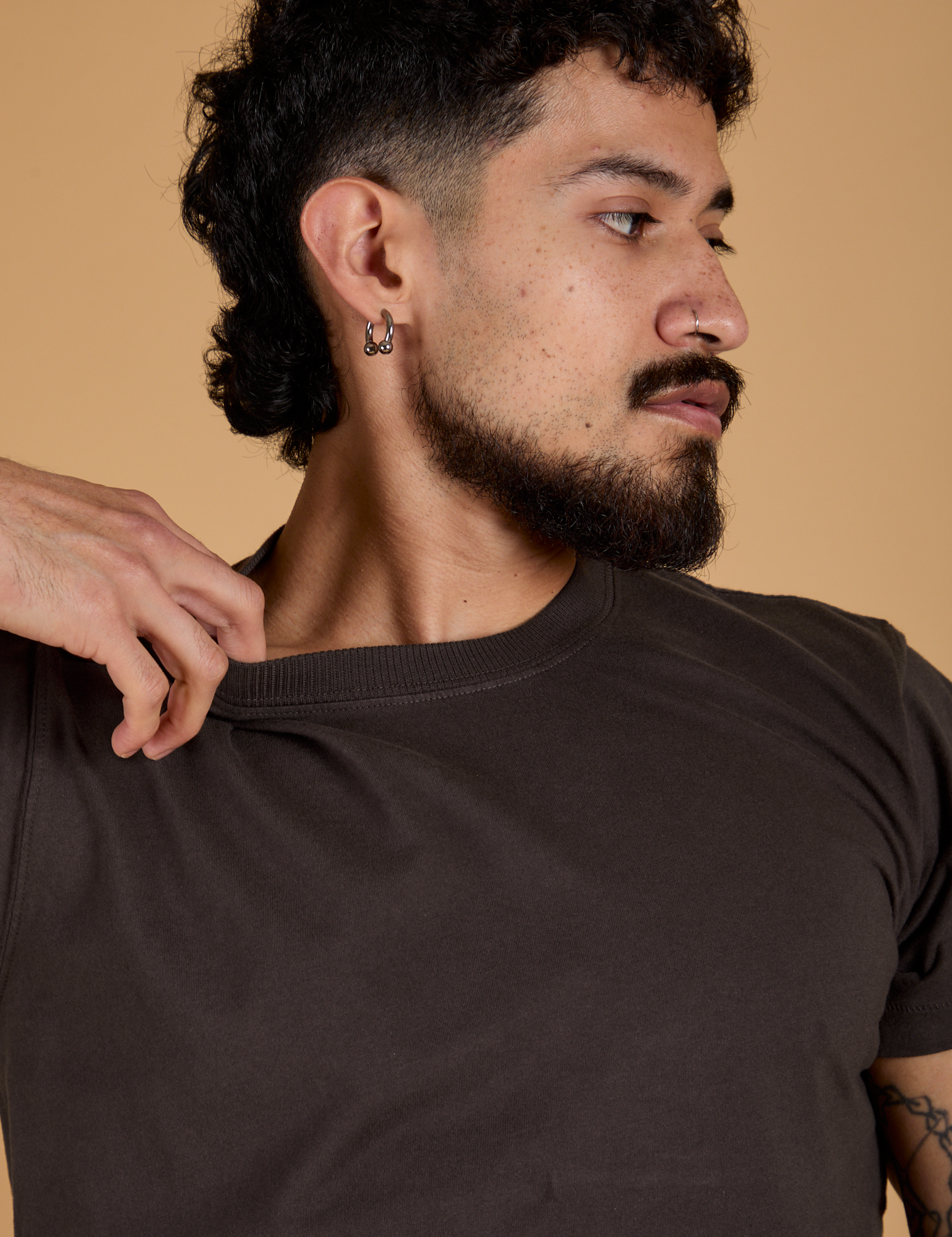 Front close up of Organic Vintage Tee in Espresso Brown on Jesse