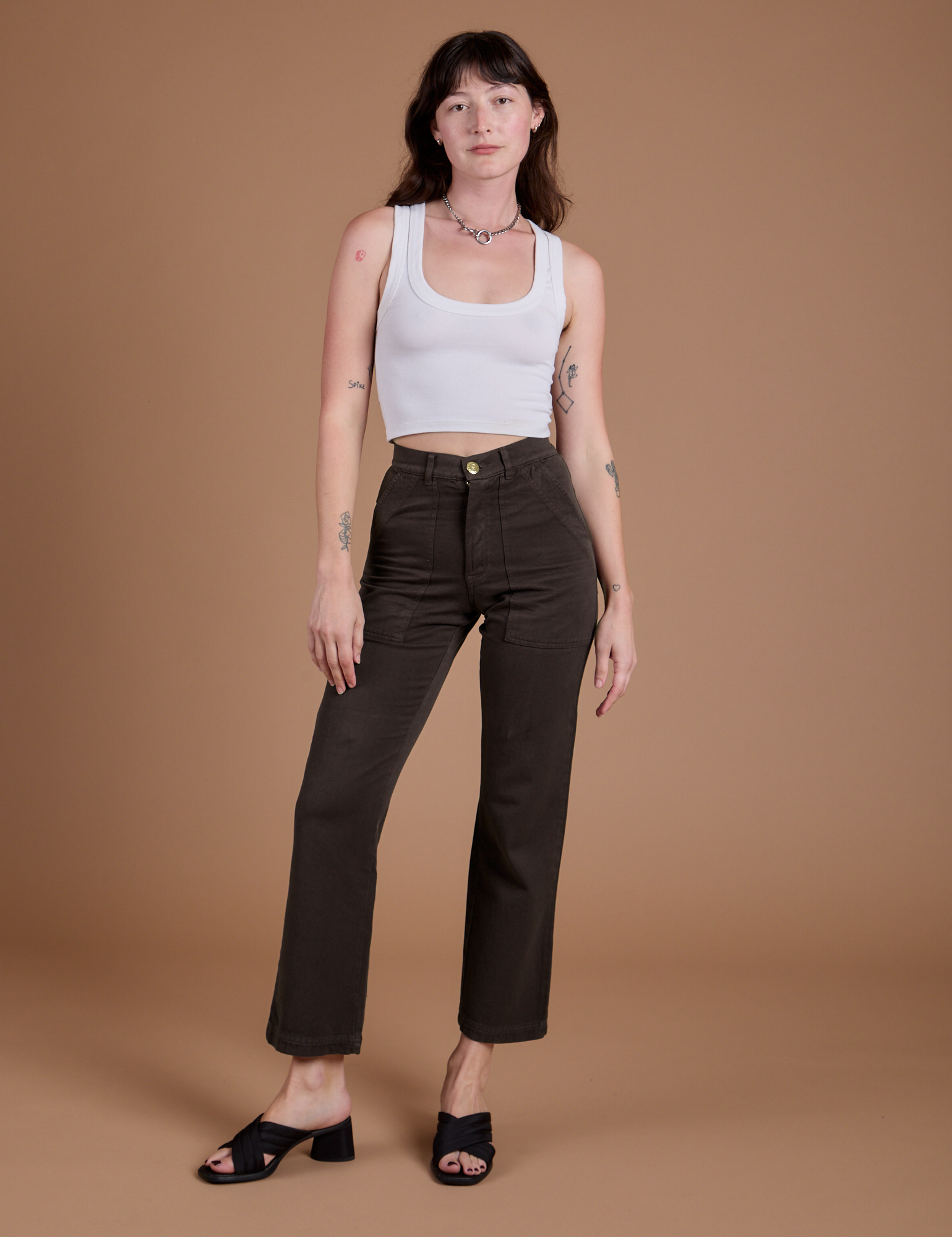Organic Work Pants in Espresso Brown and vintage tee white Cropped Tank on Alex