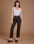 Organic Work Pants in Espresso Brown and vintage tee white Cropped Tank on Alex