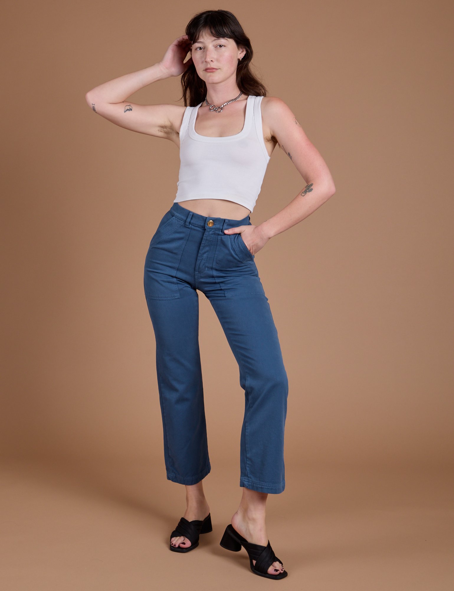 Organic Work Pants in French Blue and vintage tee white Cropped Tank on Alex
