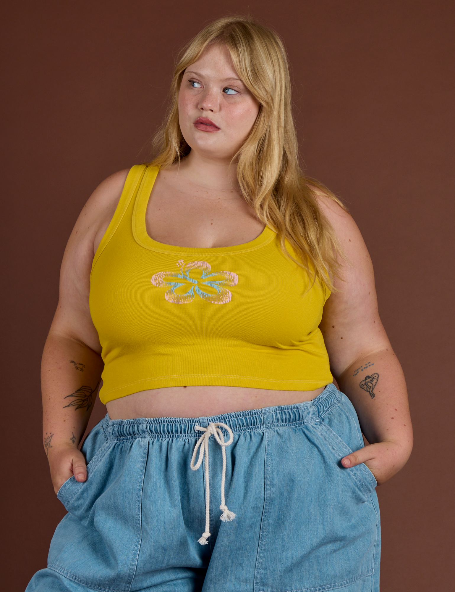 Icon Cropped Tank - Yellow Hibiscus
