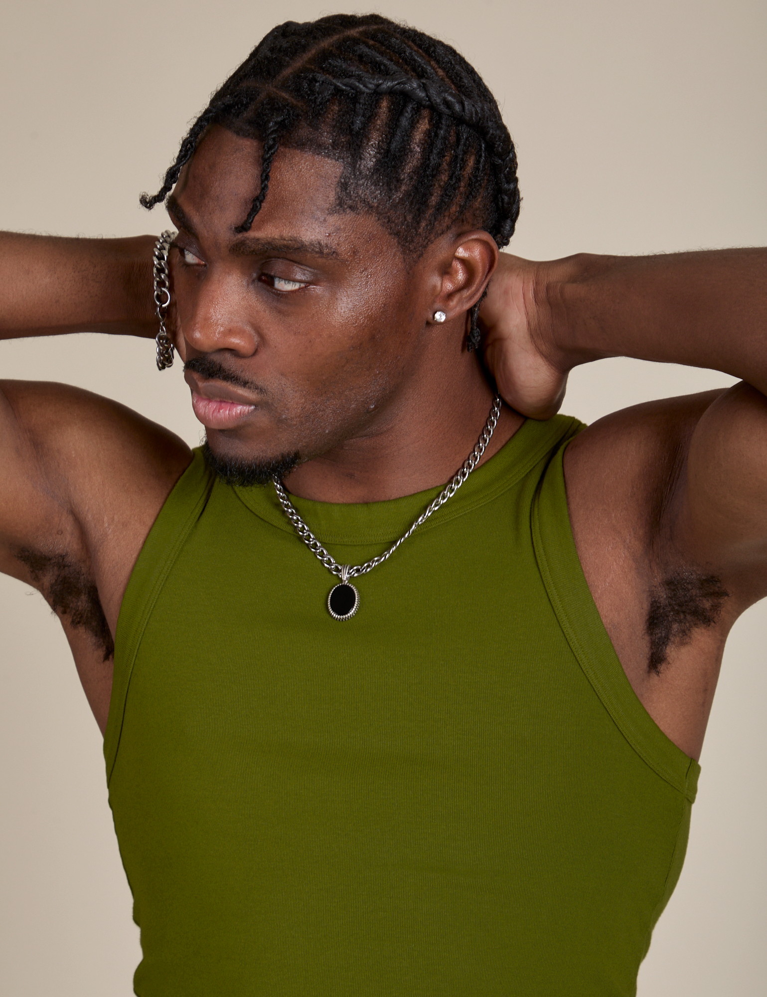 Racerback Tank in Summer Olive front close up on Isaac