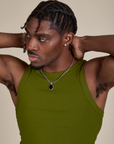 Racerback Tank in Summer Olive front close up on Isaac