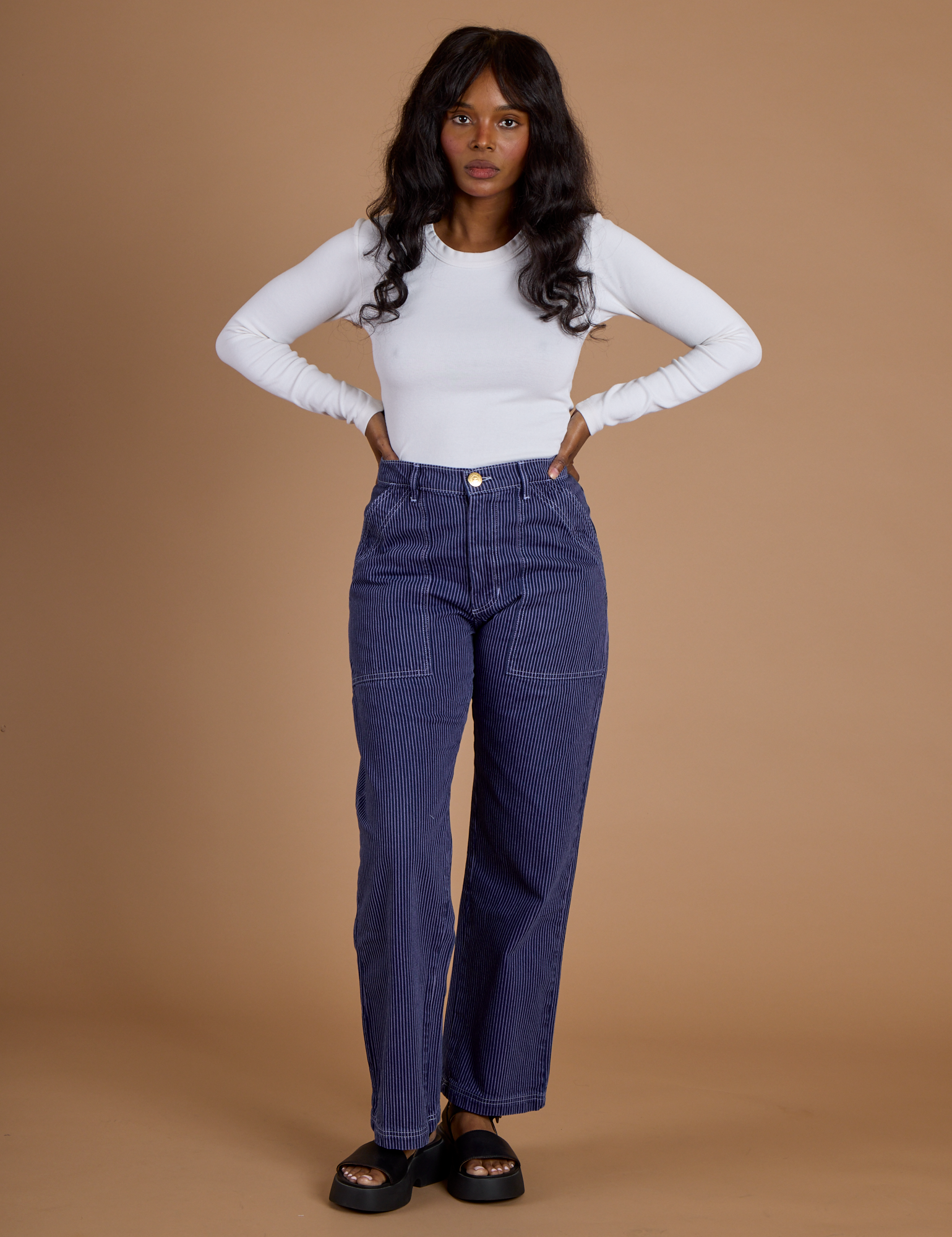 Railroad Denim Work Pants in Faded Grape Overdye and vintage tee white Long Sleeve Baby Tee on Kandia