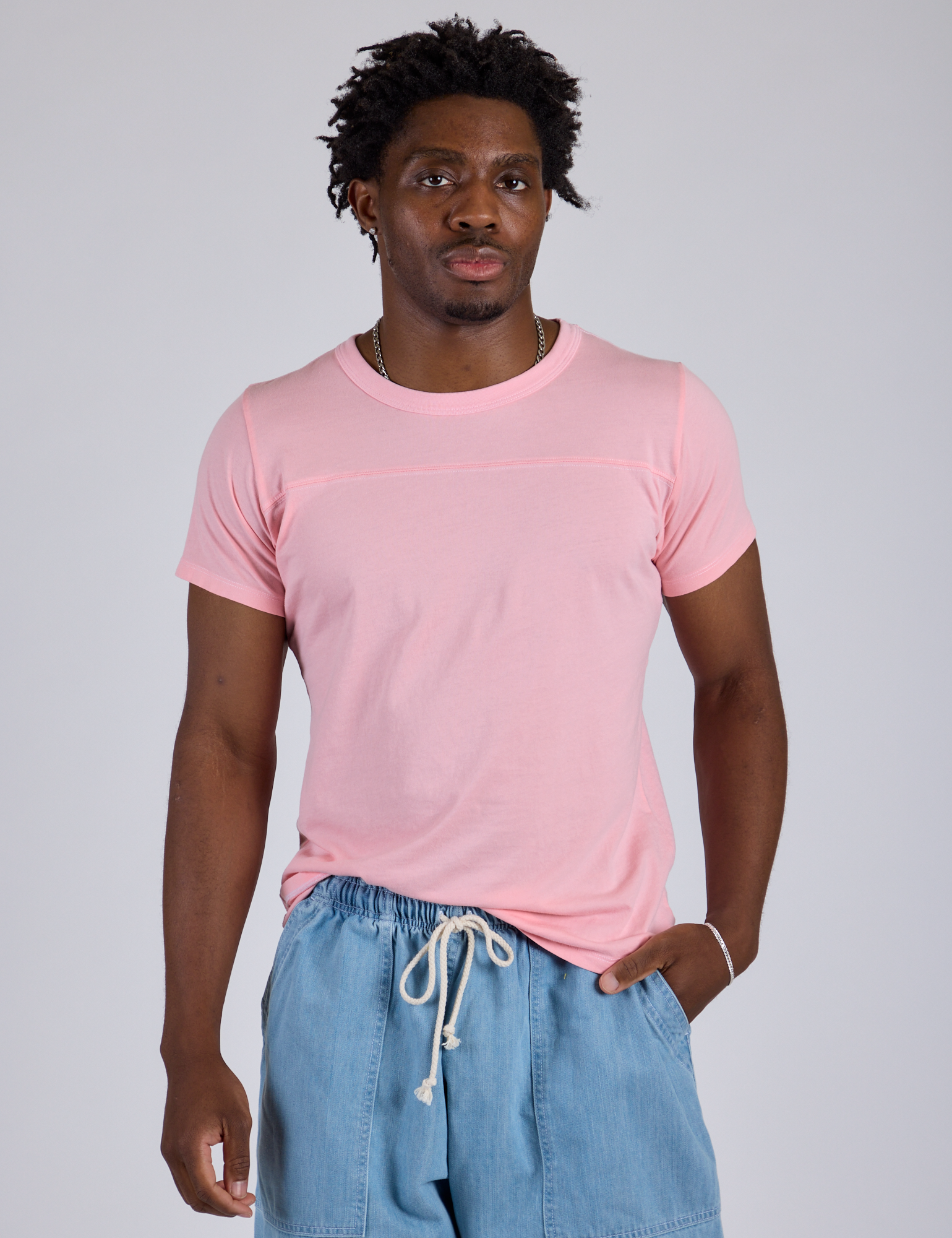 Jr. Varsity Tee in Baby Pink on Isaac