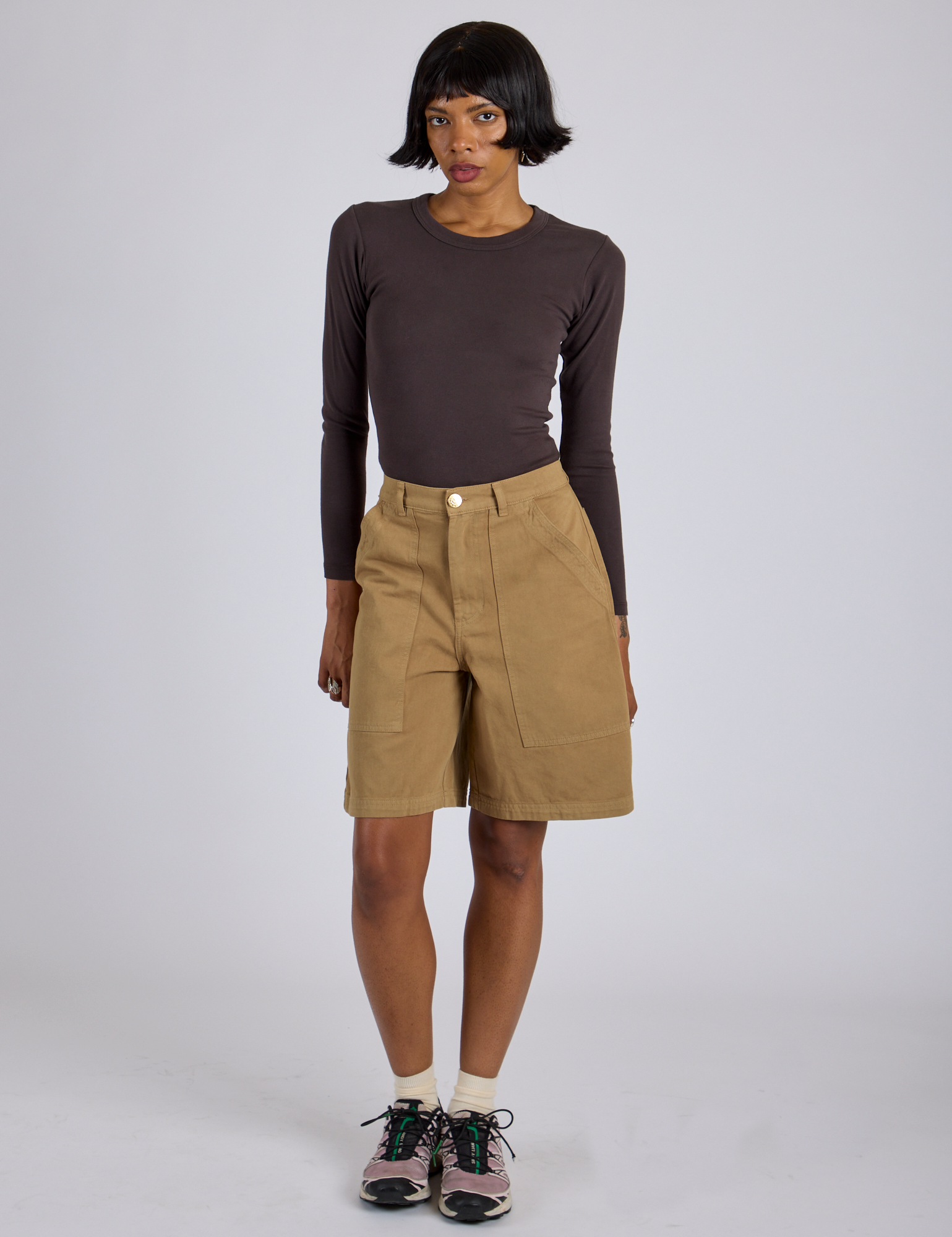 Longline Work Shorts in Desert Brown and espresso brown Long Sleeve Baby Tee on Kira