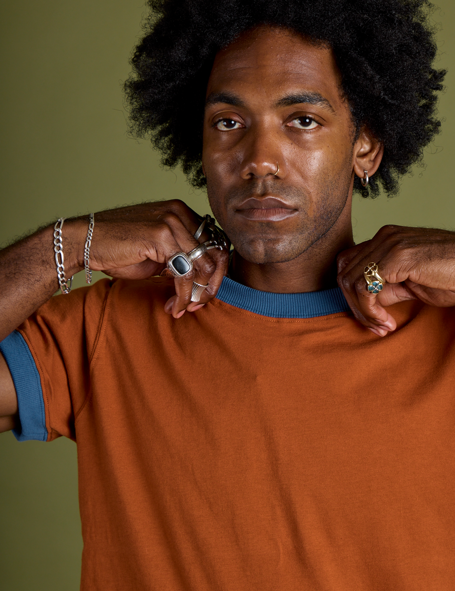 Front close up of Vintage Ringer Tee in Burnt Terracotta on Jerrod