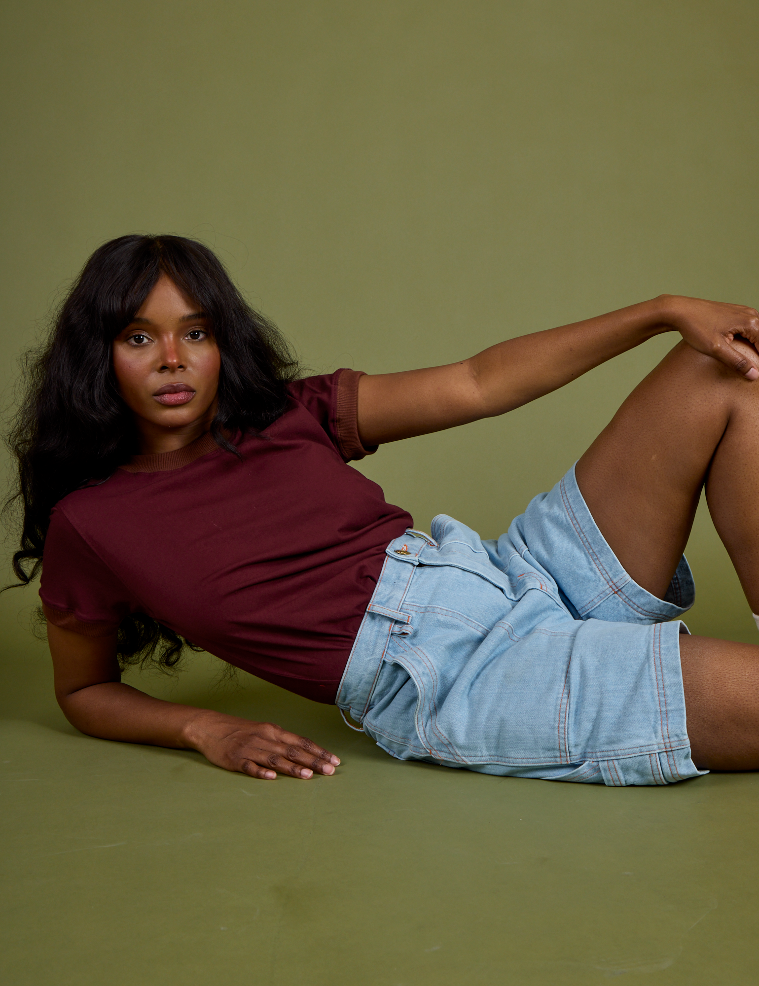 Vintage Ringer Tee in Red Wine and light wash Carpenter Shorts on Kandia