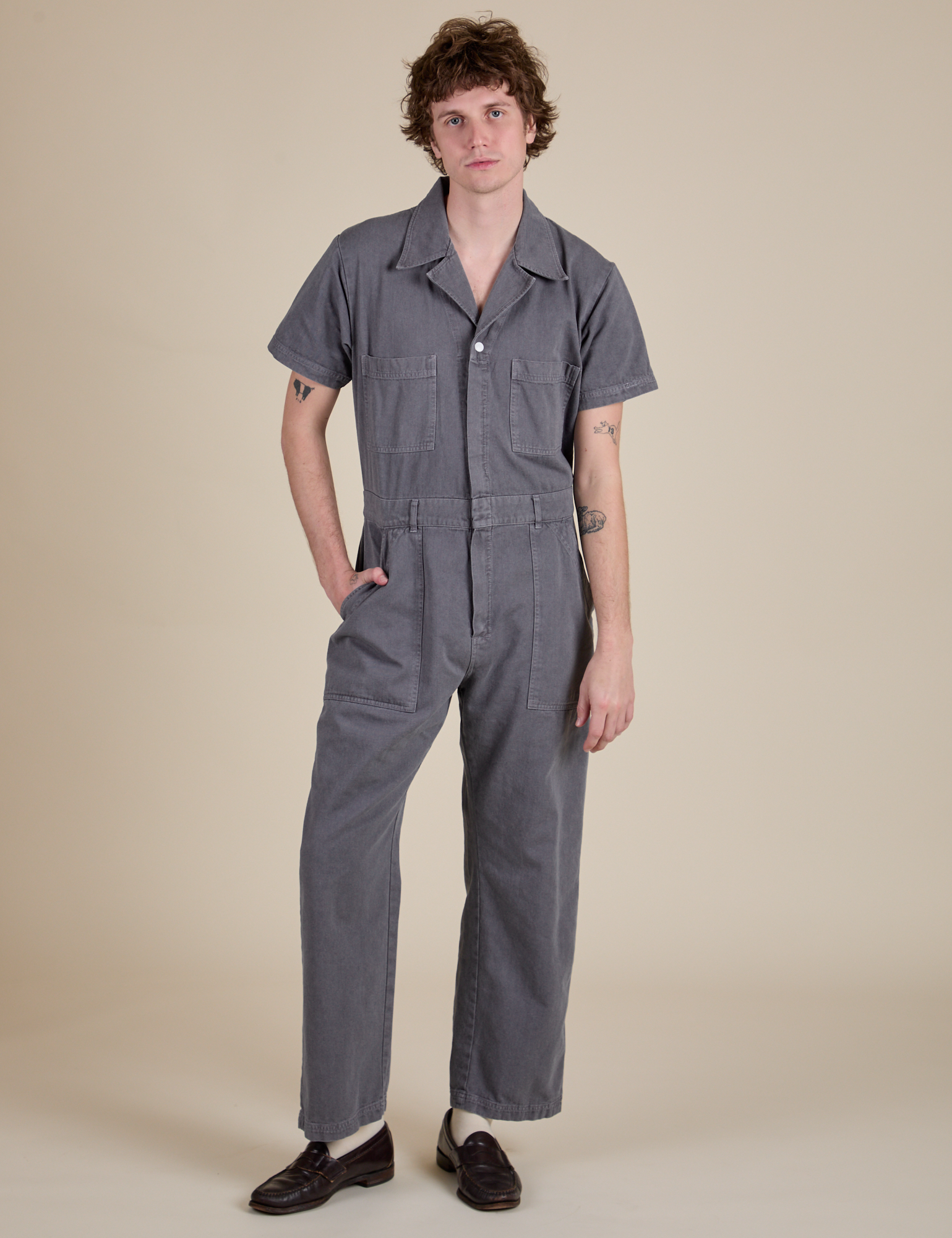 Short Sleeve Jumpsuit in Washed Grey on Quinn