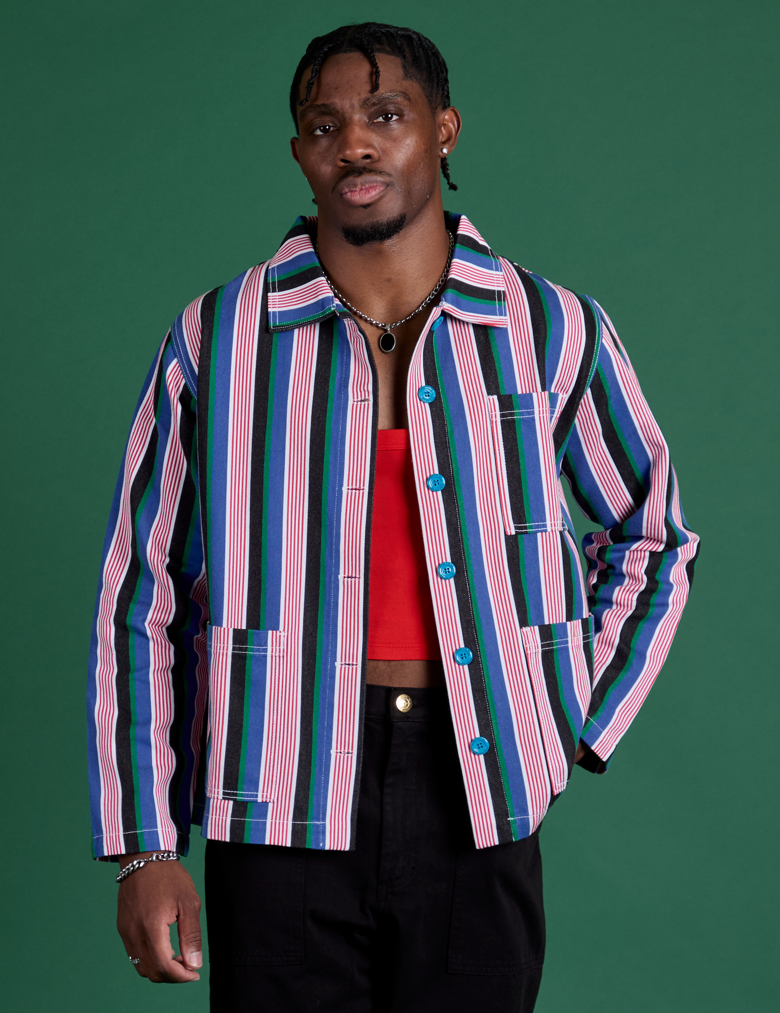 Isaac is wearing Stripe Work Jacket in Pacific Stripe