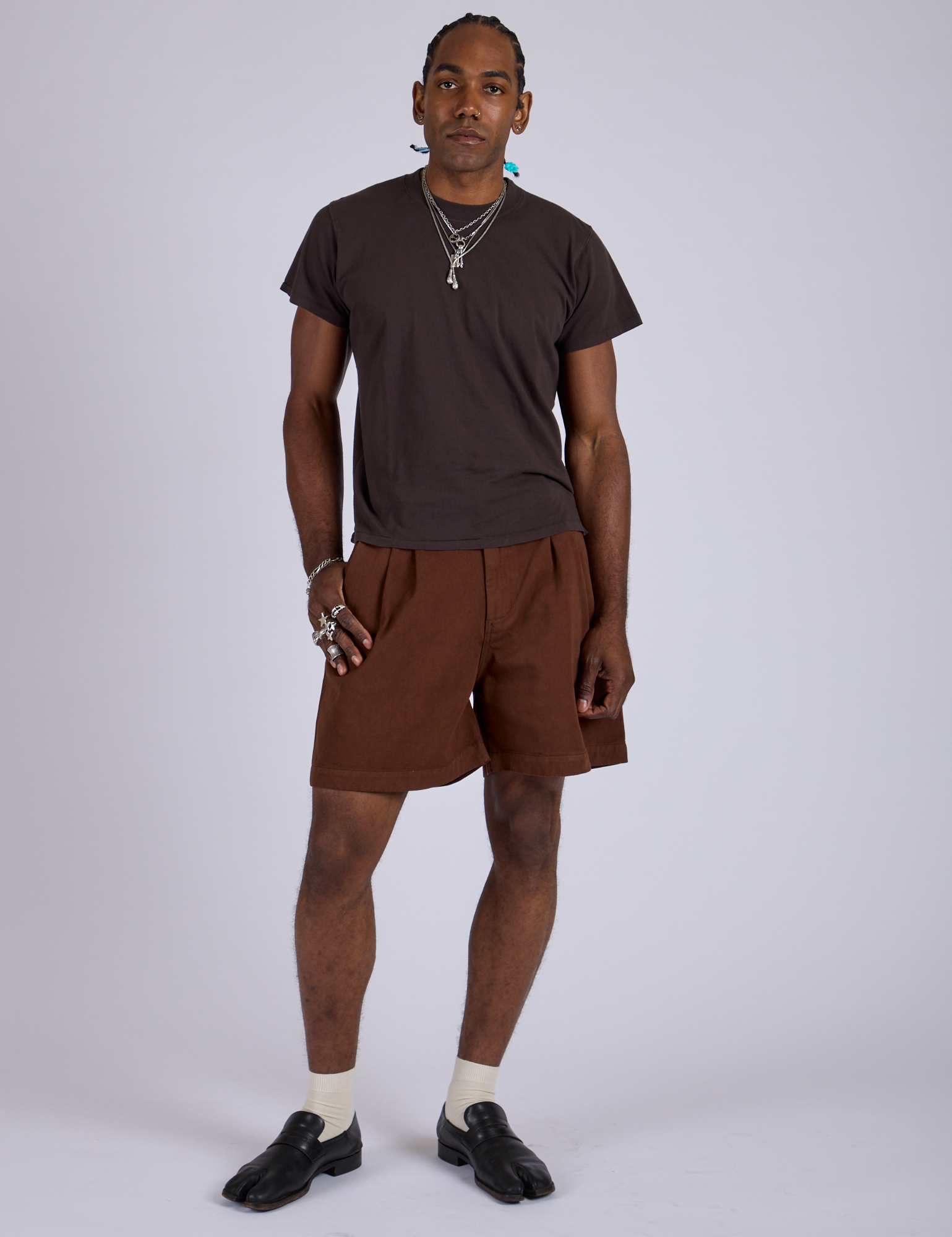 Pleated Trouser Shorts in Fudgesicle Brown and espresso brown Organic Vintage Tee on Jerrod