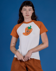 Alex is 5’8” and wearing P Produce Raglan Tee in Habanero