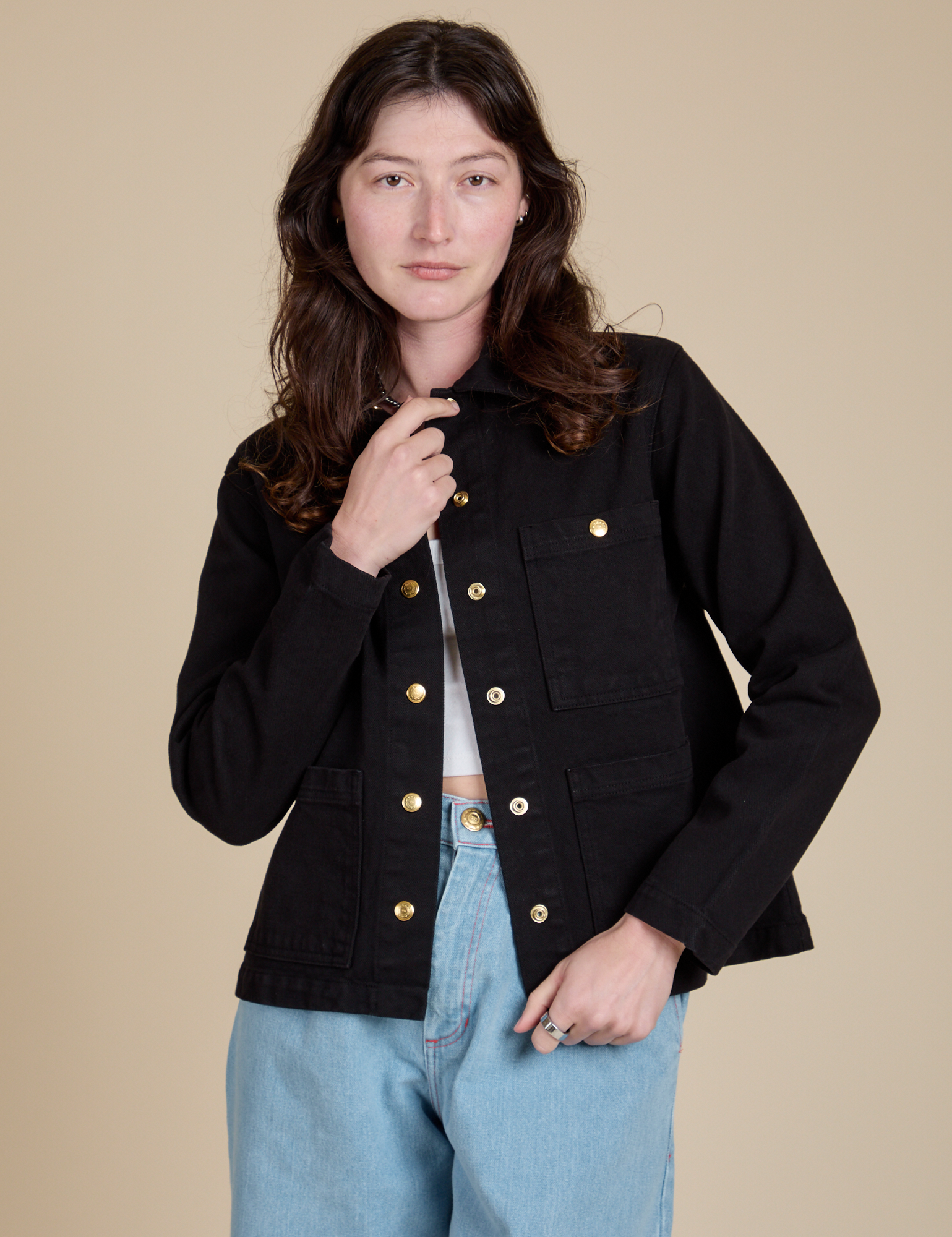 Alex is 5'8" and wearing P  Work Jacket in Basic Black