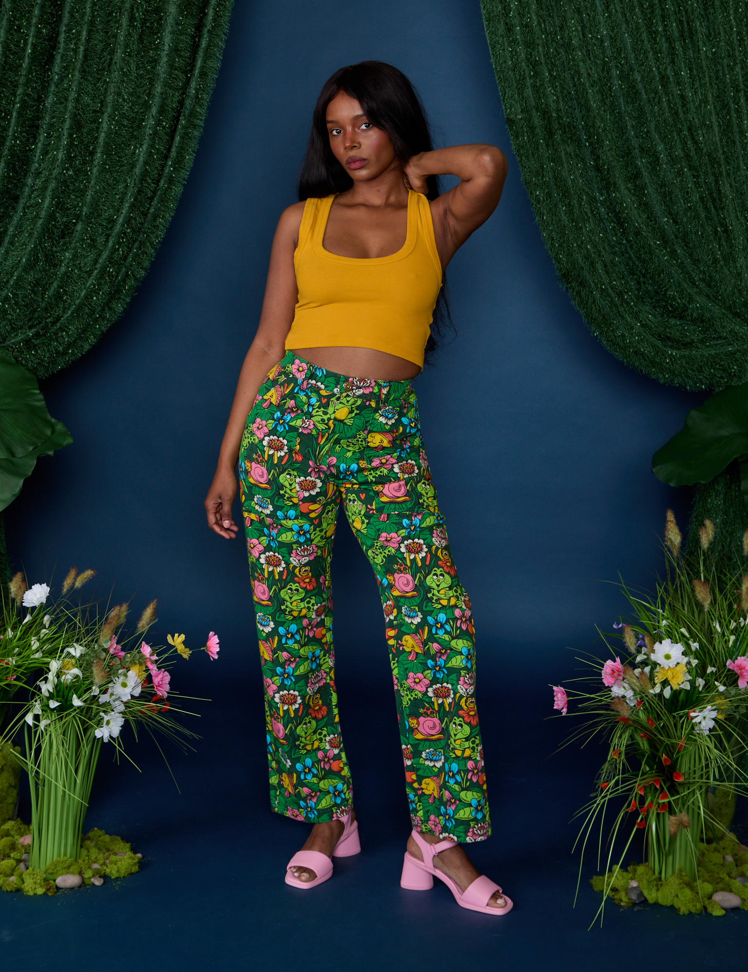 Work Pants in Pond Party and mustard yellow Cropped Tank on Kandia