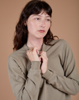 Long Sleeve Burly Tee in Khaki Grey front close up on Alex