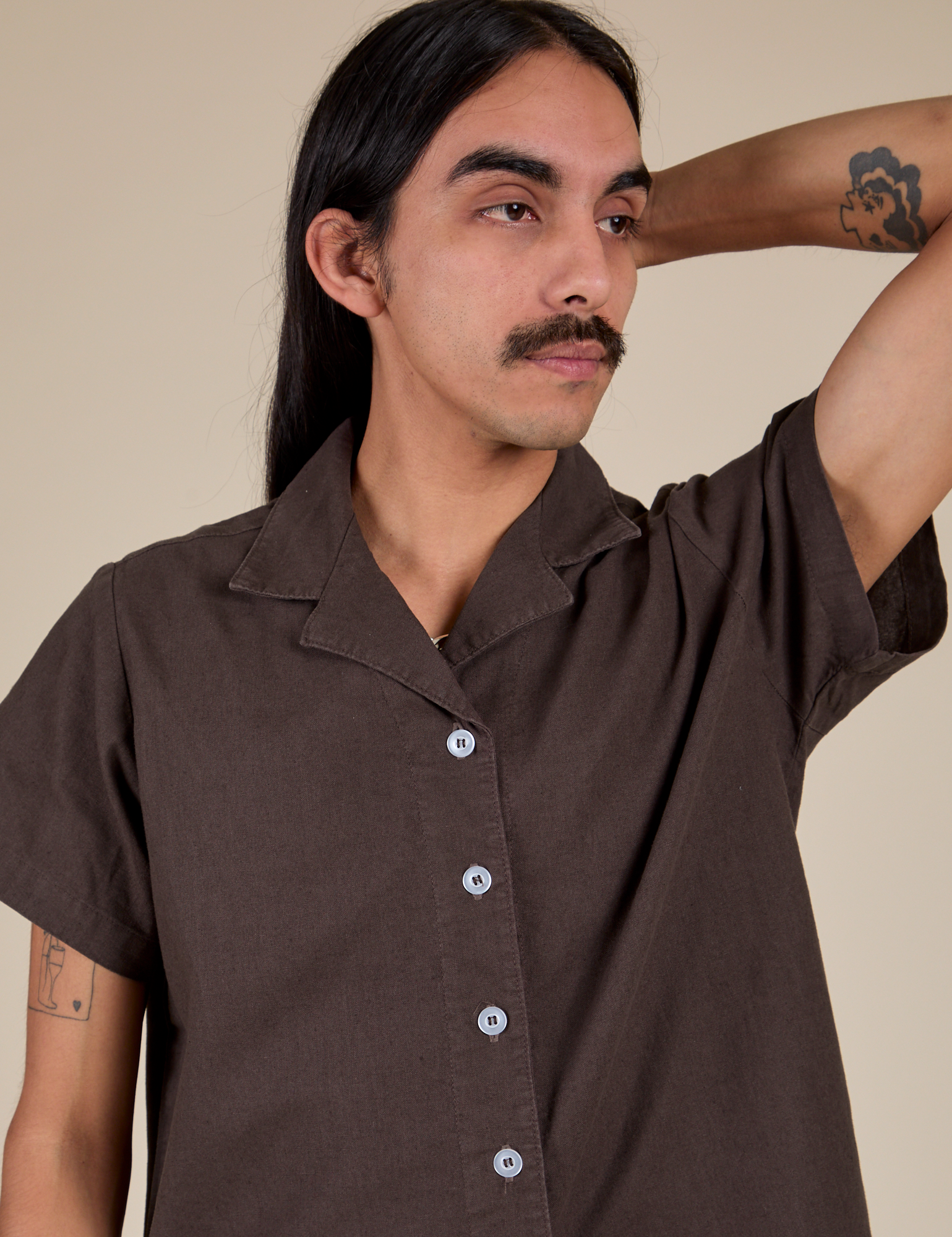 Pantry Button-Up in Espresso Brown front close up on Anthony