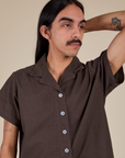 Pantry Button-Up in Espresso Brown front close up on Anthony