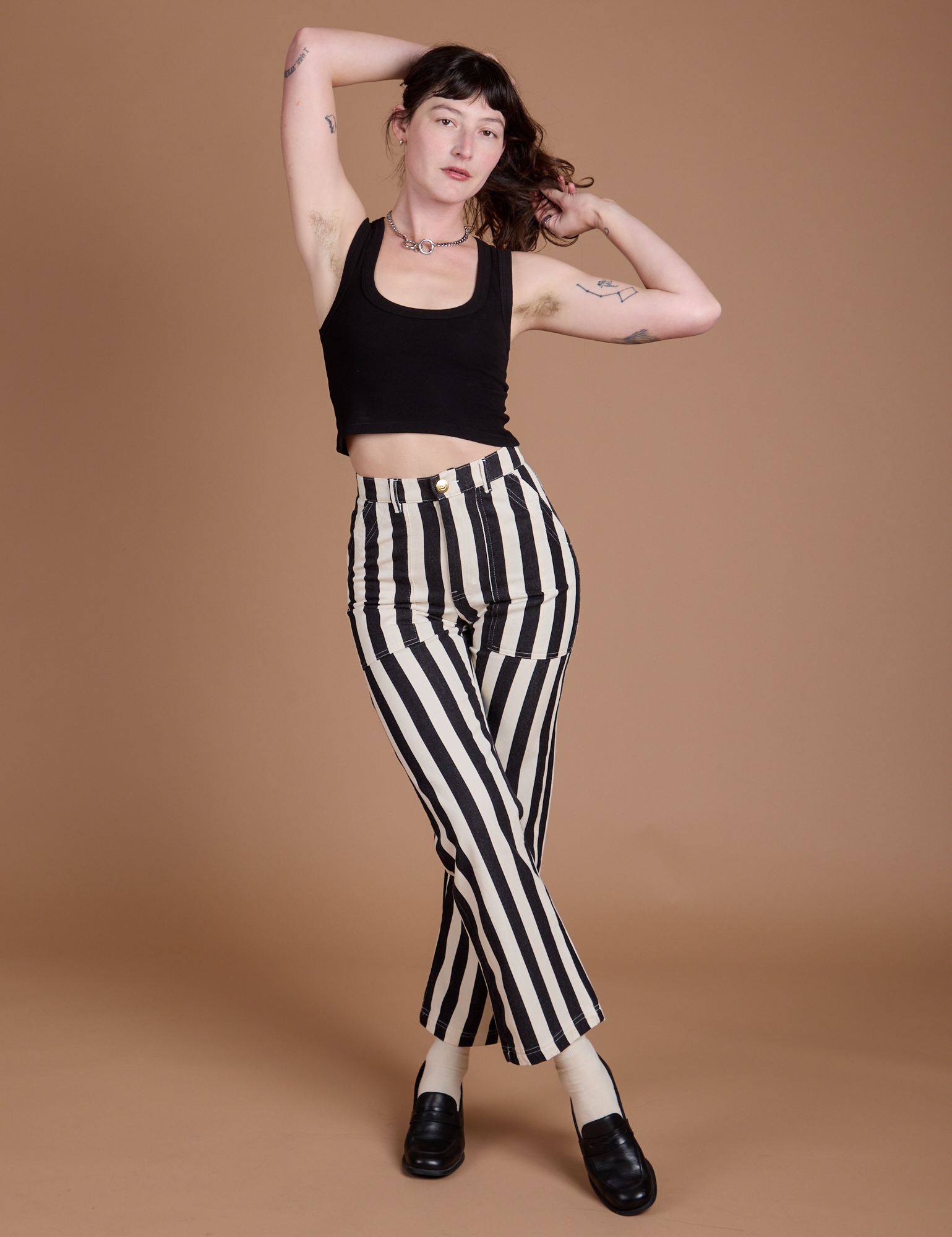 Black Stripe Work Pants in White and black Cropped Tank on Alex