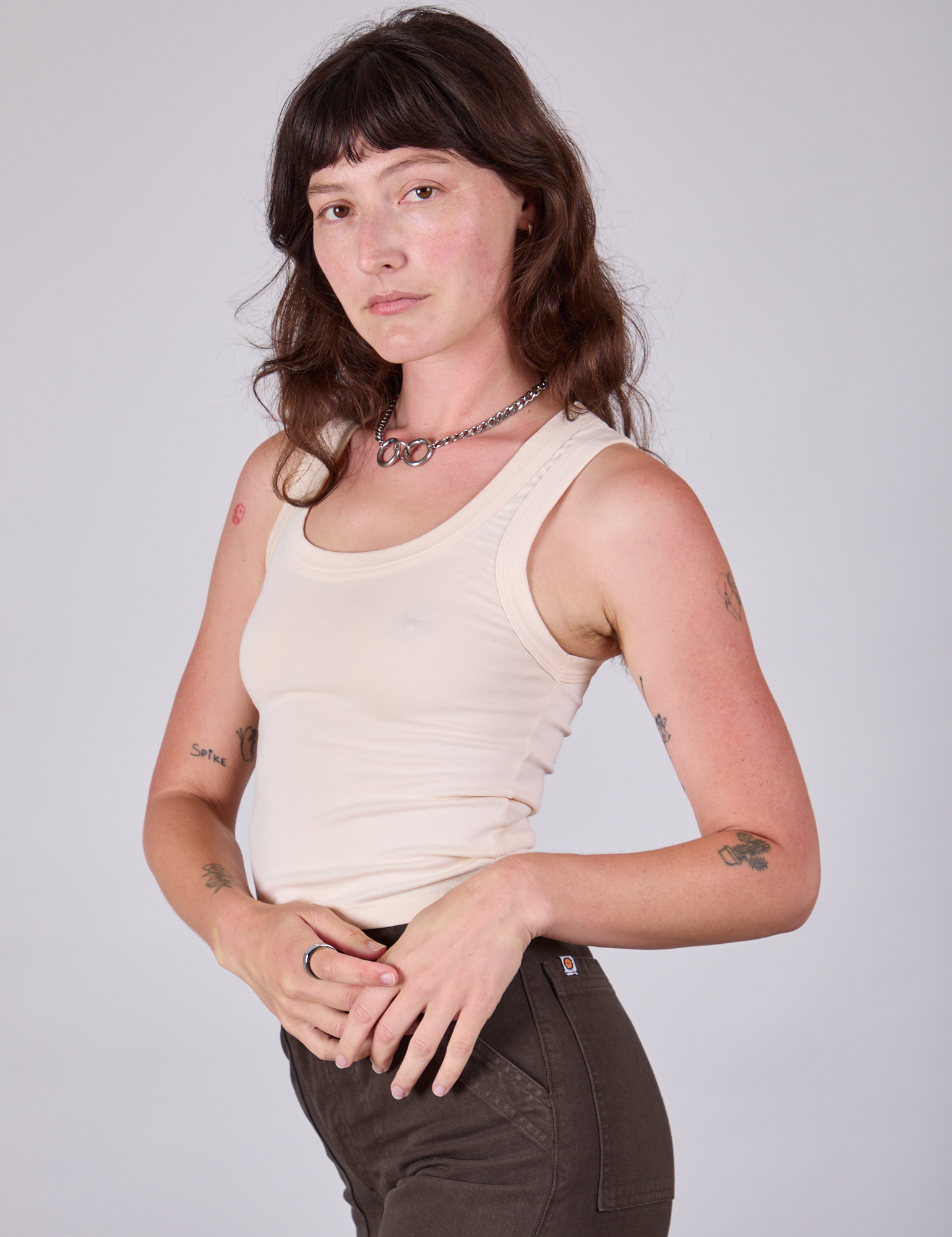 Tank Top in Vintage Tee Off-White angled front view on Alex