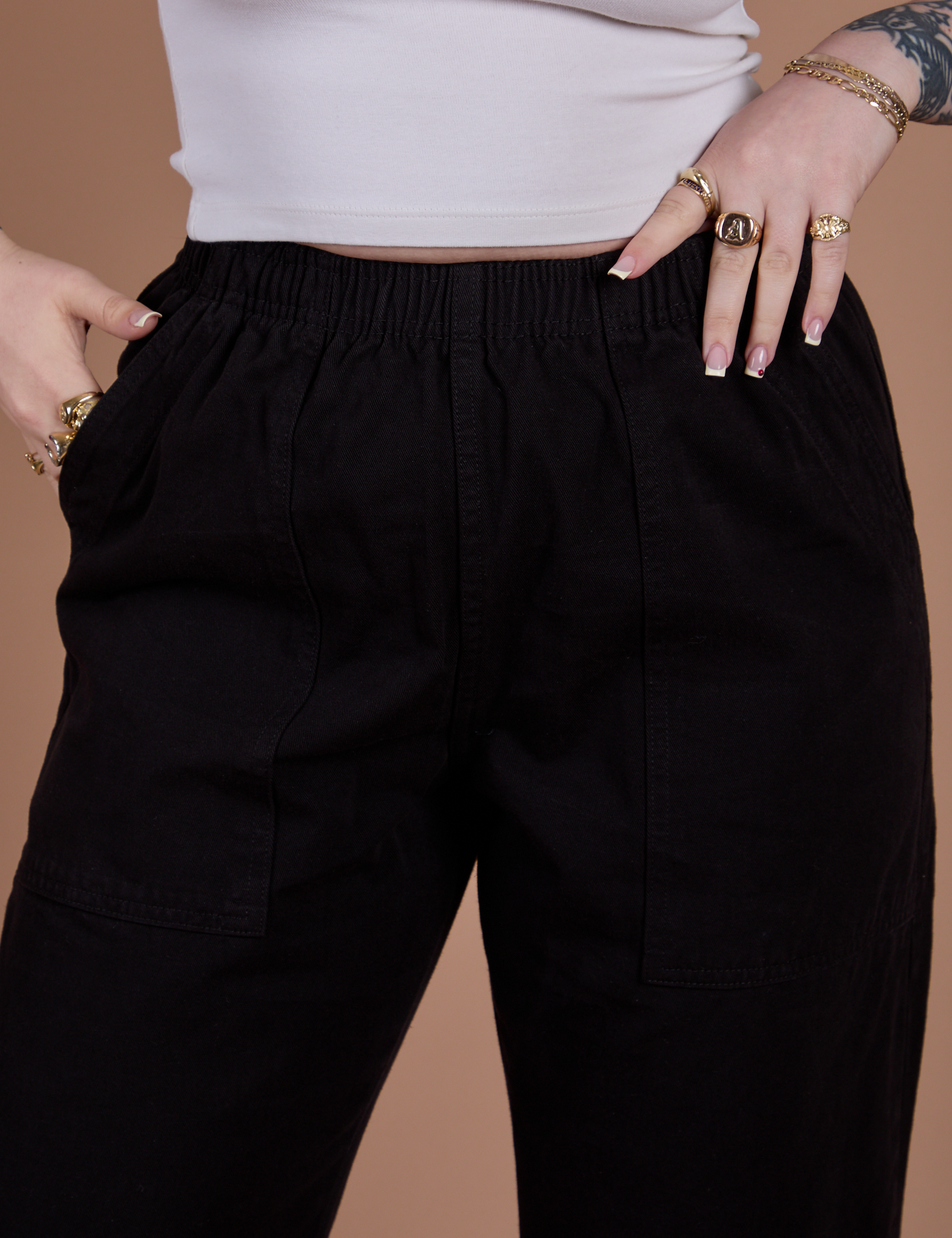 Front close up of Action Pants in Basic Black on Sydney