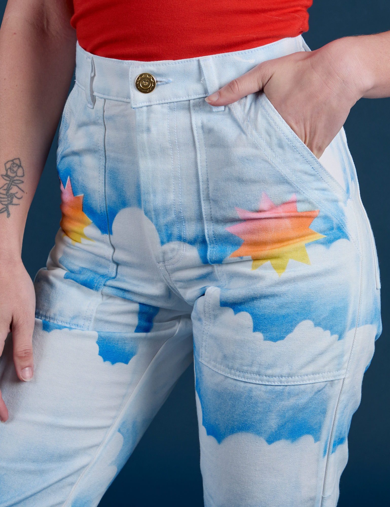 Work Pants in Sunny Cloud Airbrush close up with Alex's hand in the front pocket