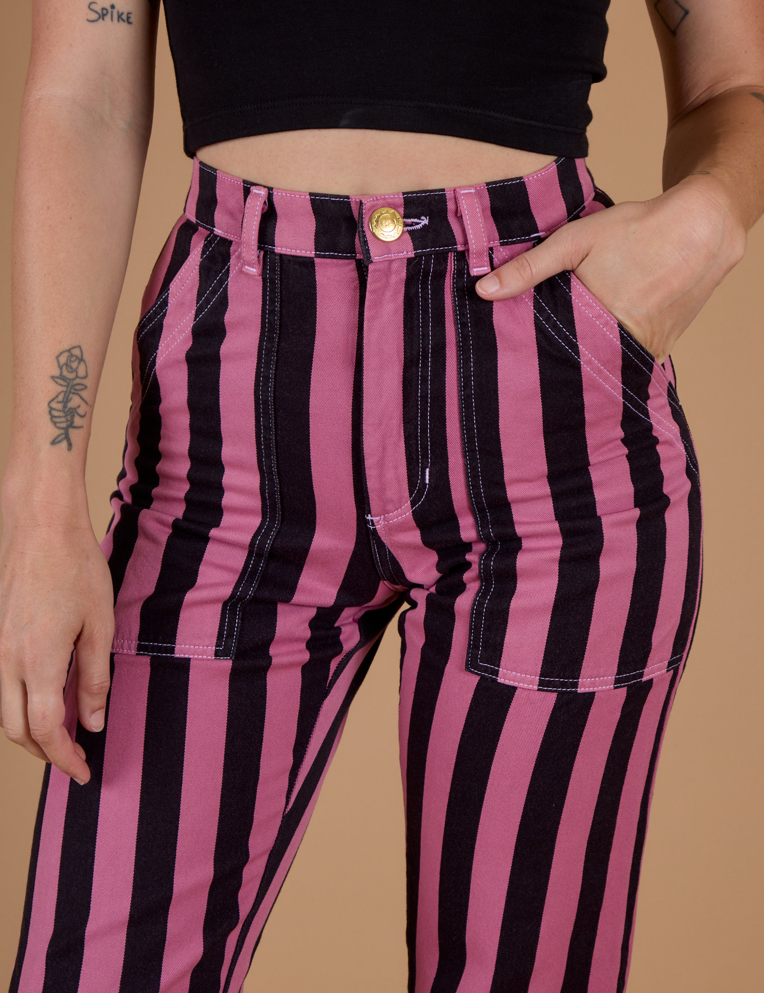 Black Stripe Work Pants - Bubblegum Pink