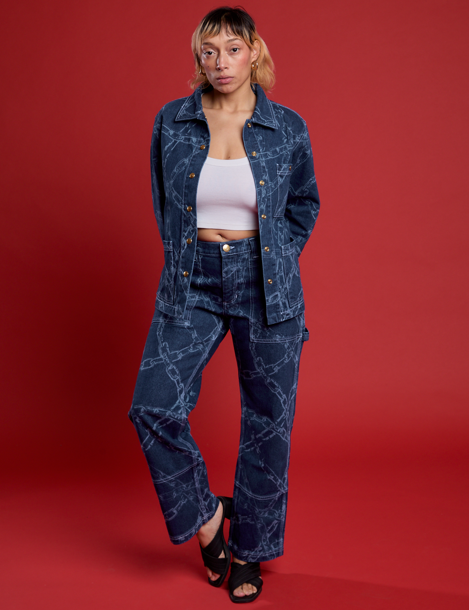 Tiara wearing the Chain Link Work Jacket paired with matching Chain Link Carpenter Jeans