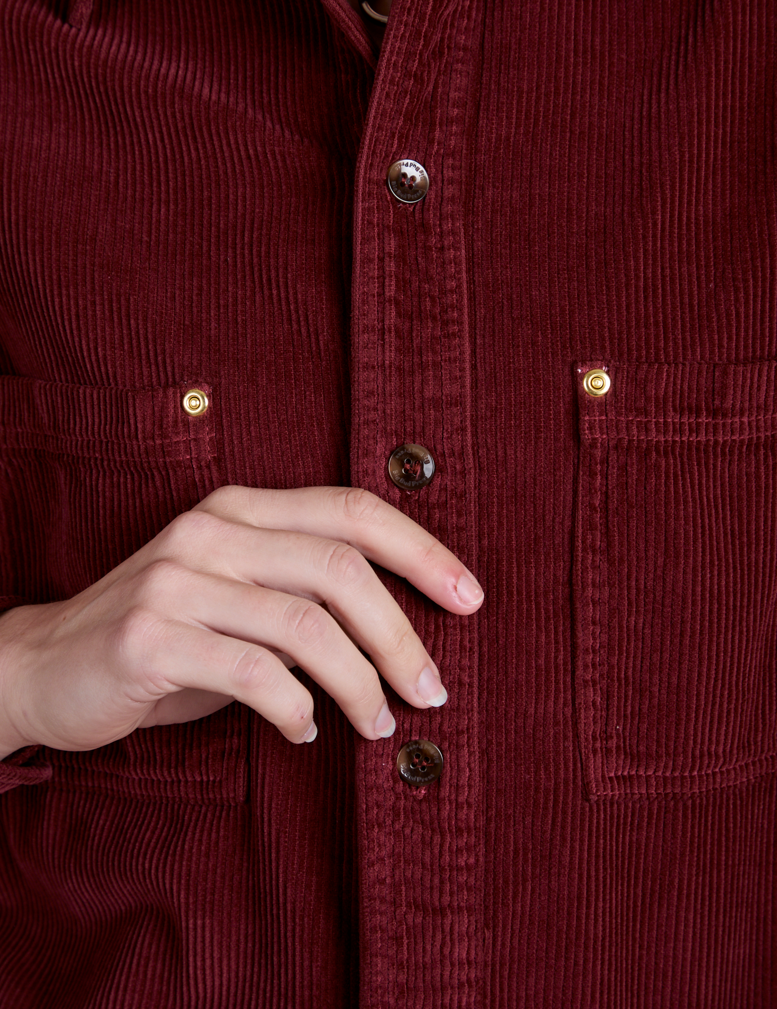 Front close up of Cropped Corduroy Overshirt in Red Wineon Alex