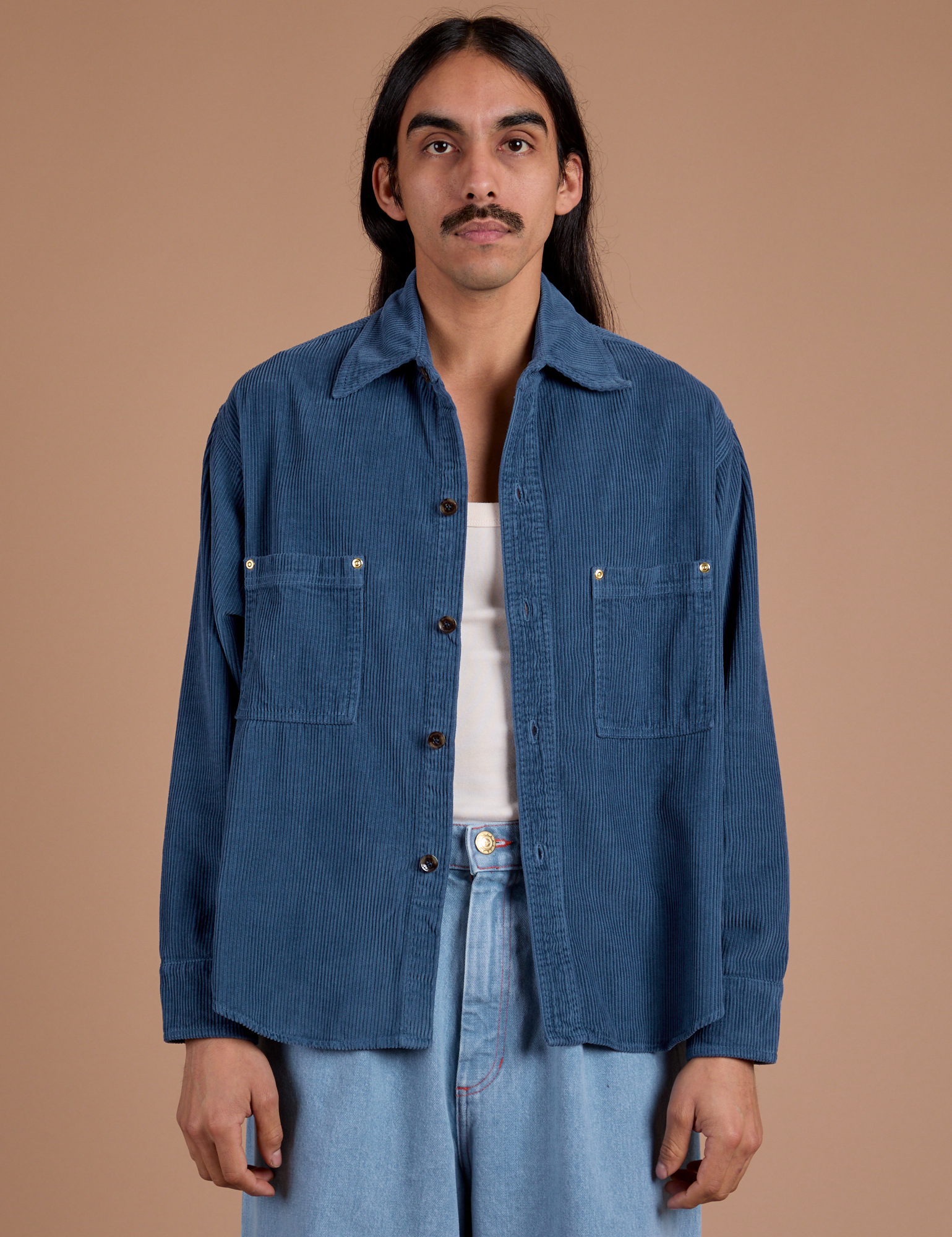 Cropped Corduroy Overshirt in French Blue on Anthony