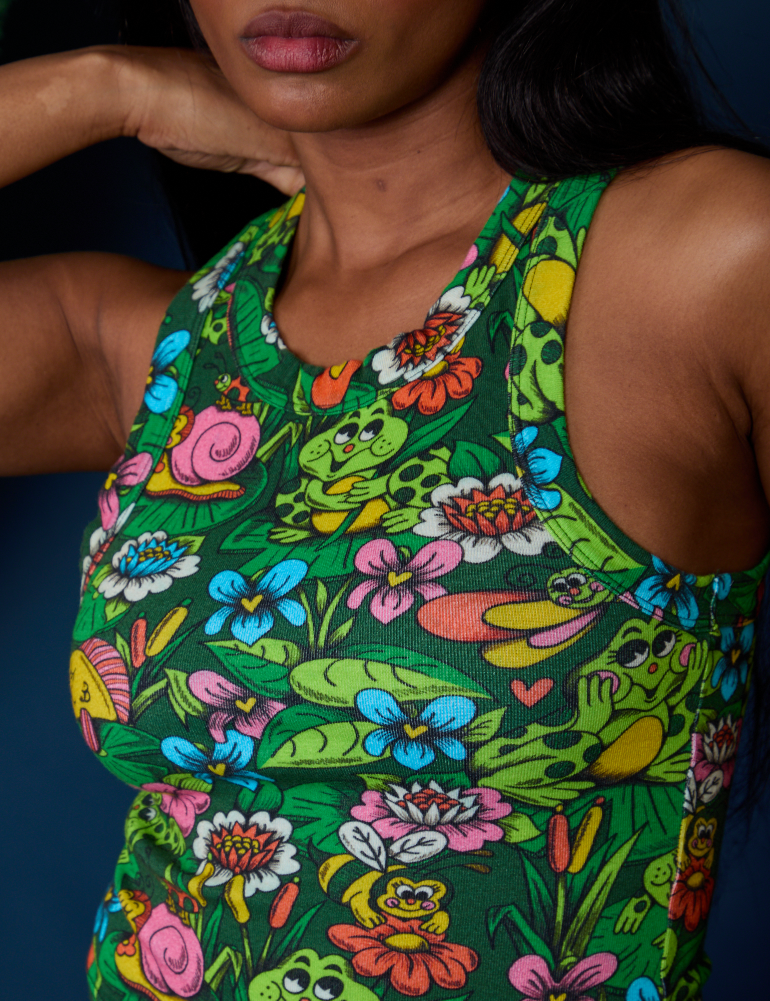 Angled front close up of Pond Party Racerback Tank on Kandia