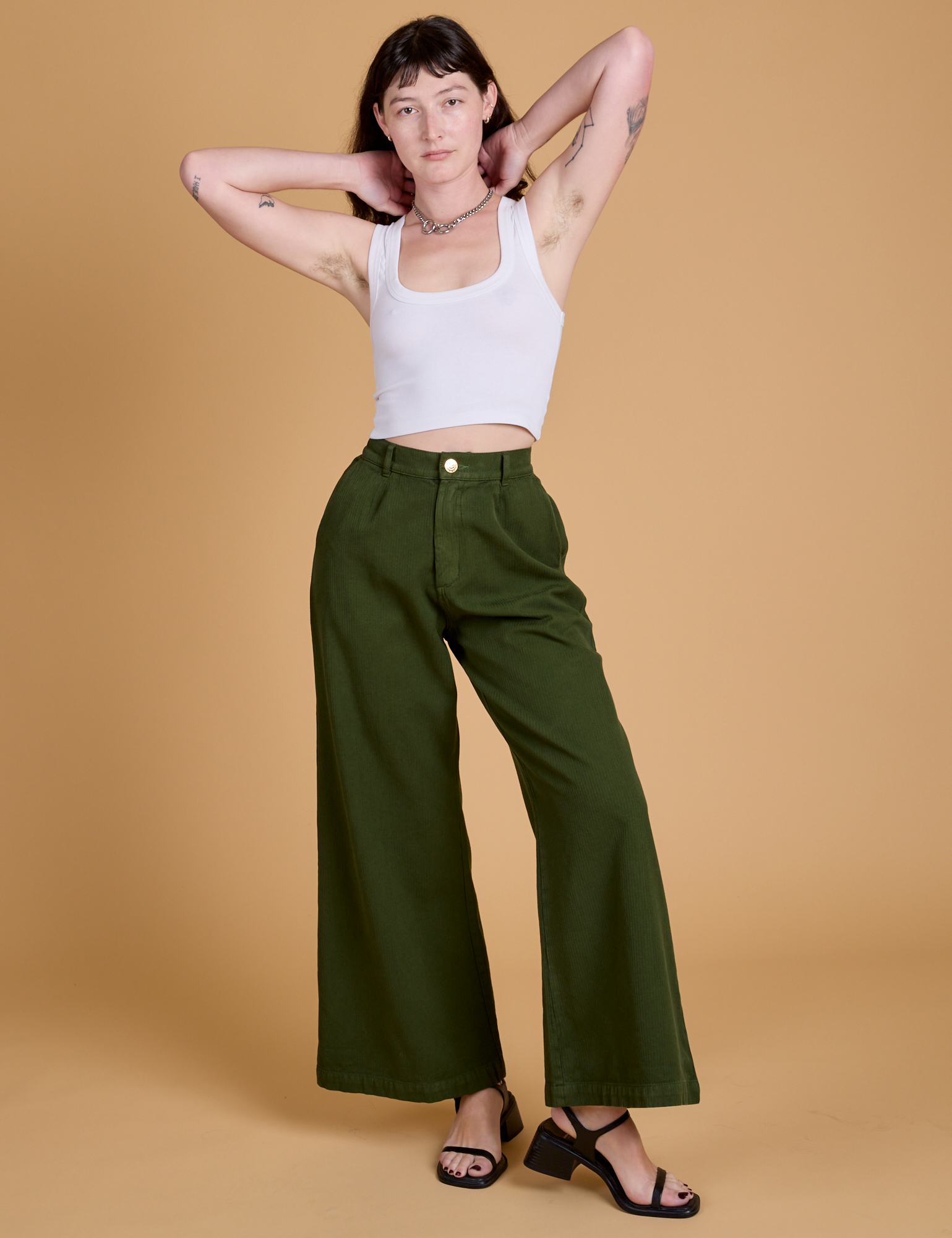 Heritage Wide Leg Trousers in Evergreen and Cropped Tank in Vintage Tee White on Alex