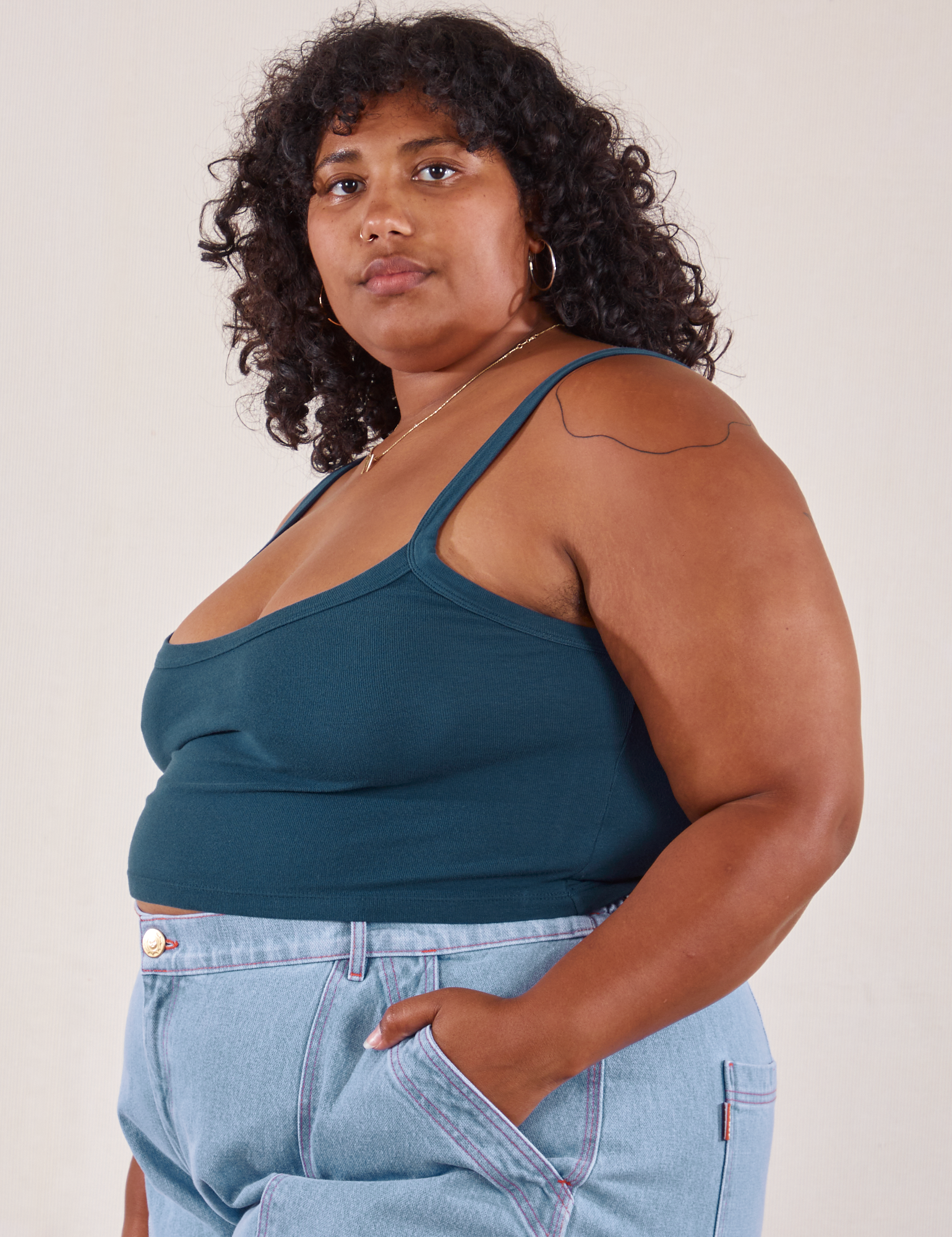 Angled front view of Cropped Cami in Lagoon on Morgan