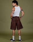 Back view of Longline Work Shorts in Fudgesicle Brown and vintage tee white Cropped Tank