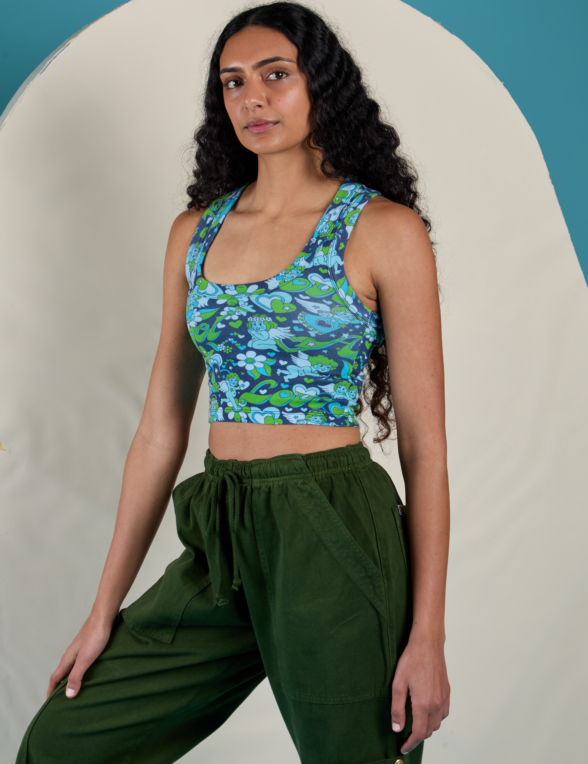 Angled front view of Cropped Tank Top in Angel Print on Shahana