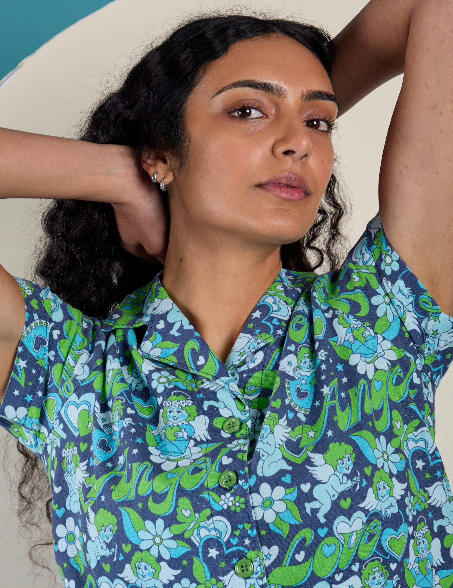 Front close up of Angel Print Pantry Button-Up on Shahana