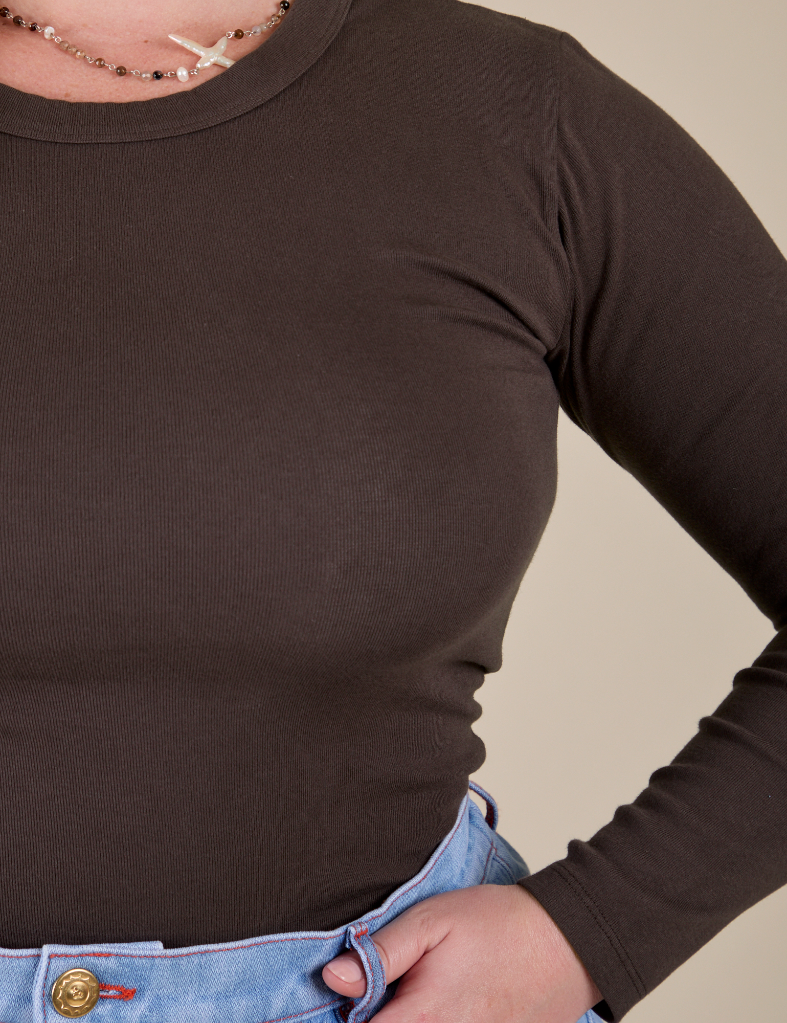 Long Sleeve Baby Tee in Espresso Brown front close up on Lish