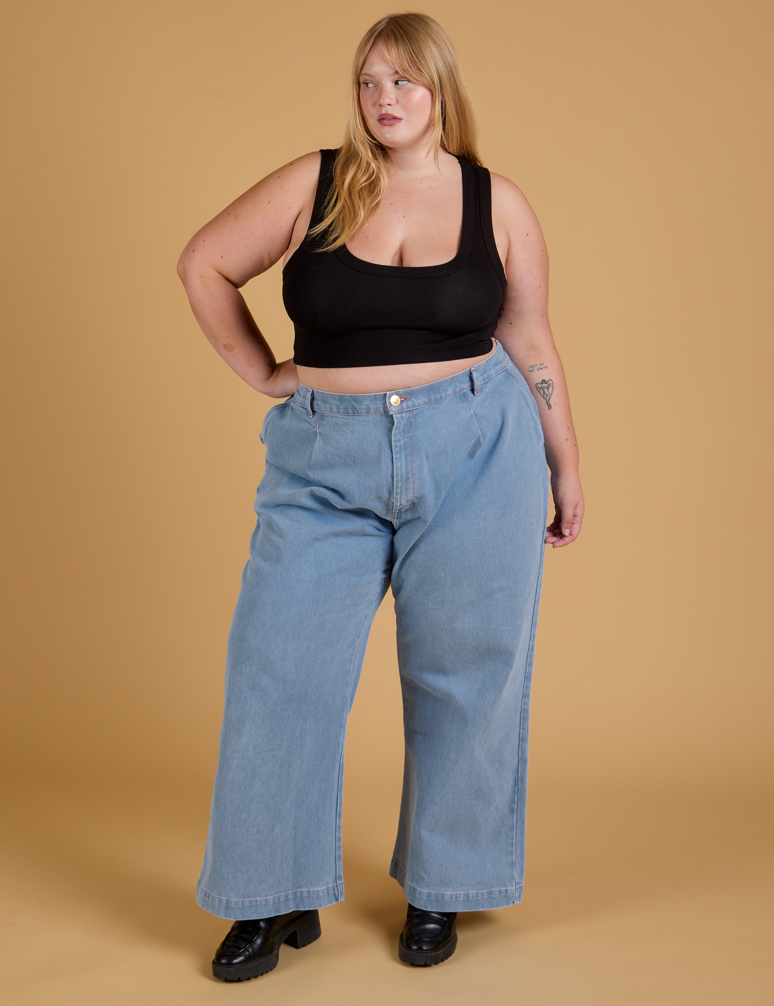 Mini Tank in Basic Black and light wash Indigo Wide Leg Trousers worn by Juliet