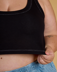 Front close up of Contrast Stitch Mini Tank in Basic Black on Juliet