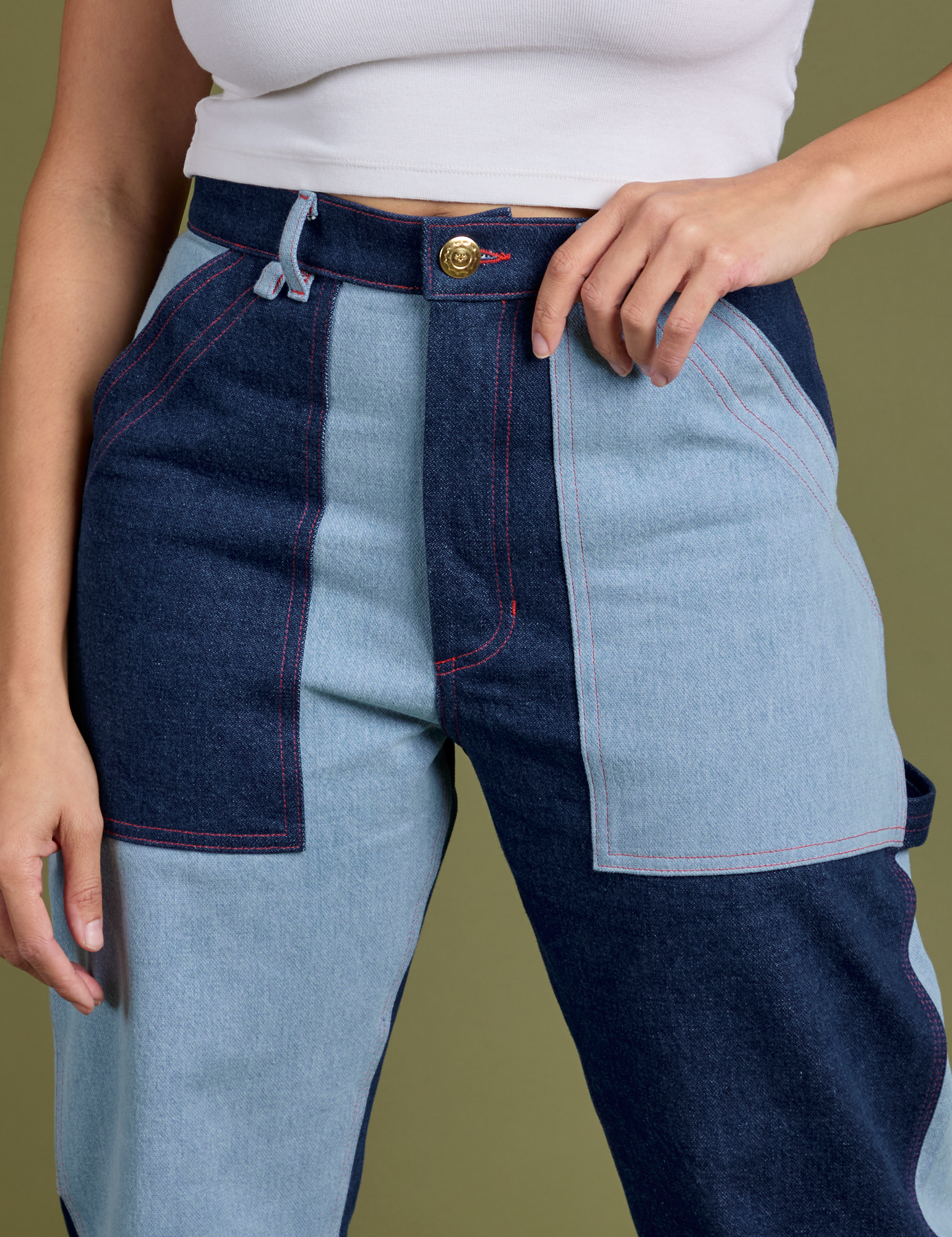 Front close up of Mismatched Denim Carpenter Jeans on Tiara