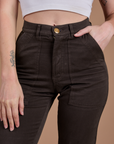 Organic Work Pants in Espresso Brown front close up on Alex