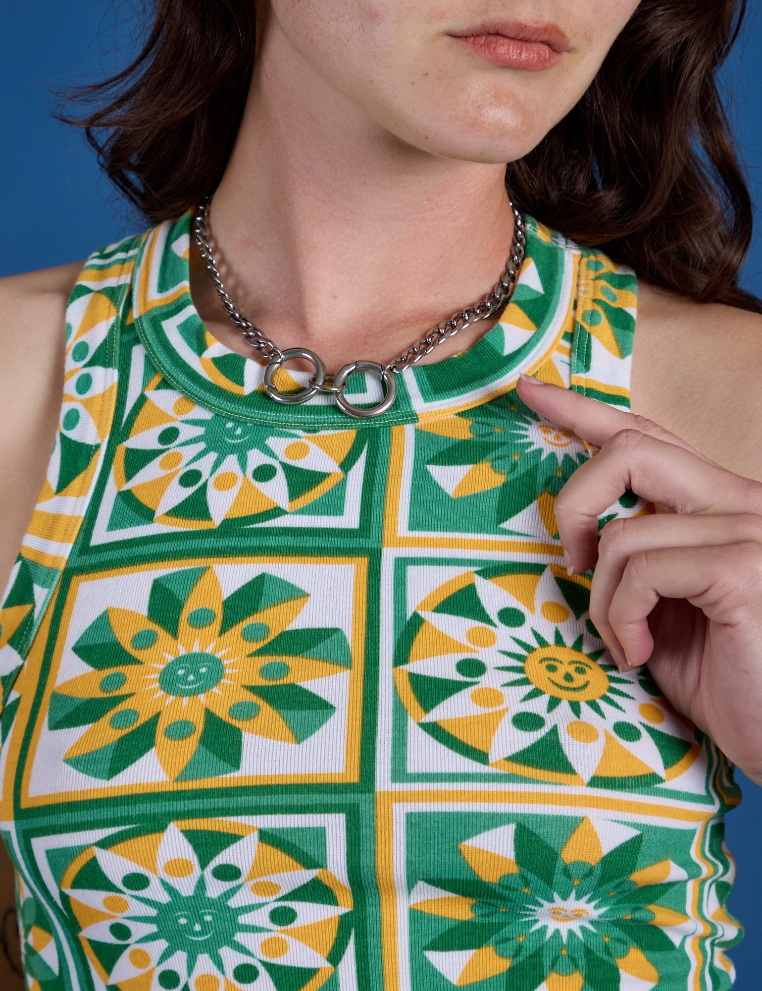 Deep-Cut Racerback Tank in Spring Quilt Print front close up on Alex