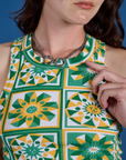Deep-Cut Racerback Tank in Spring Quilt Print front close up on Alex