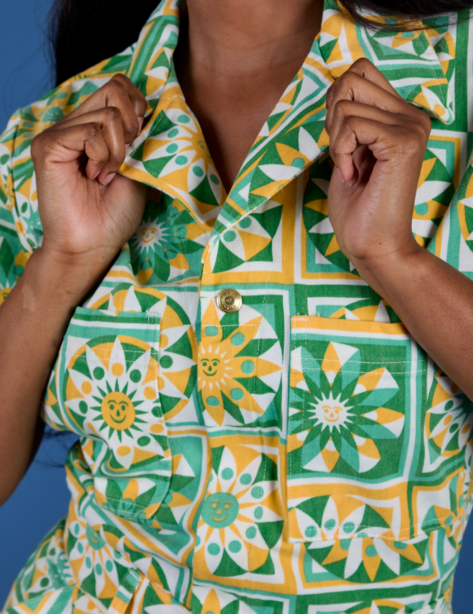 Front close up of Spring Quilt Print Jumpsuit